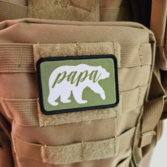 Green Papa Bear boy dad girl dad 2"x3" white morale patch with hook and loop backing