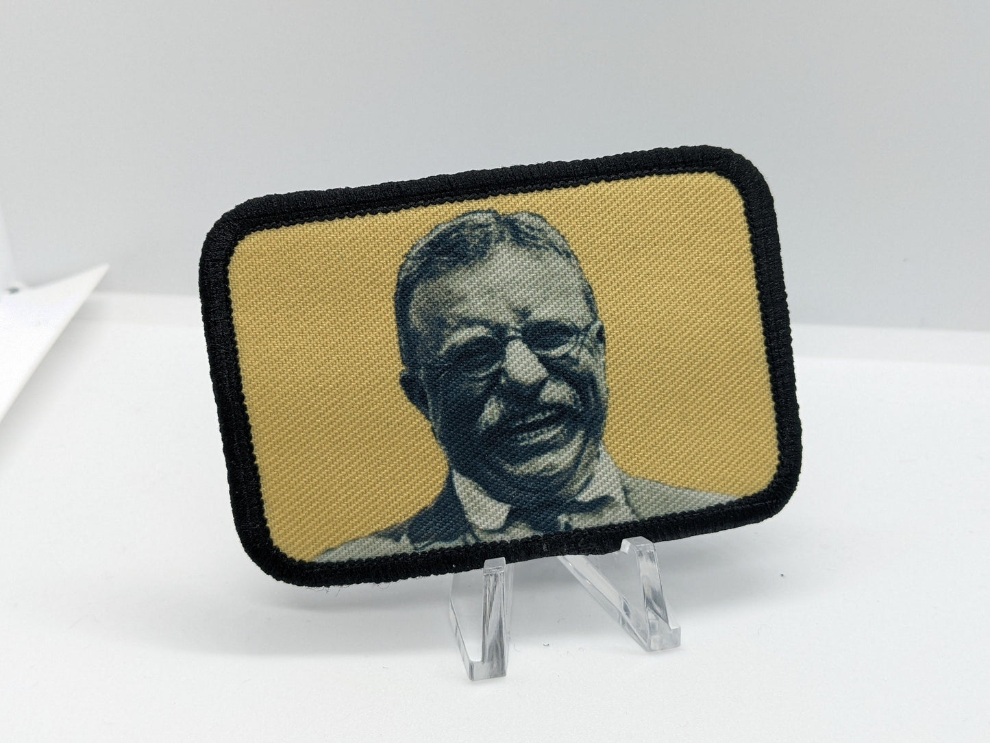 Teddy Roosevelt laughing meme  2"x3" removable morale patch with hook and loop backing