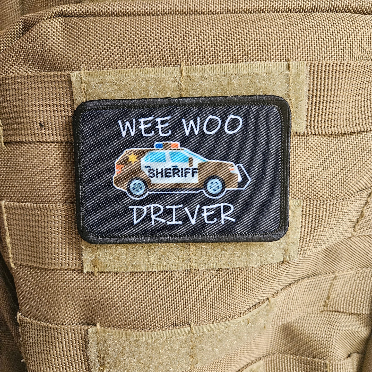 Wee woo driver sheriff SUV brown version driver funny 2"x3" removable morale patch with hook and loop backing