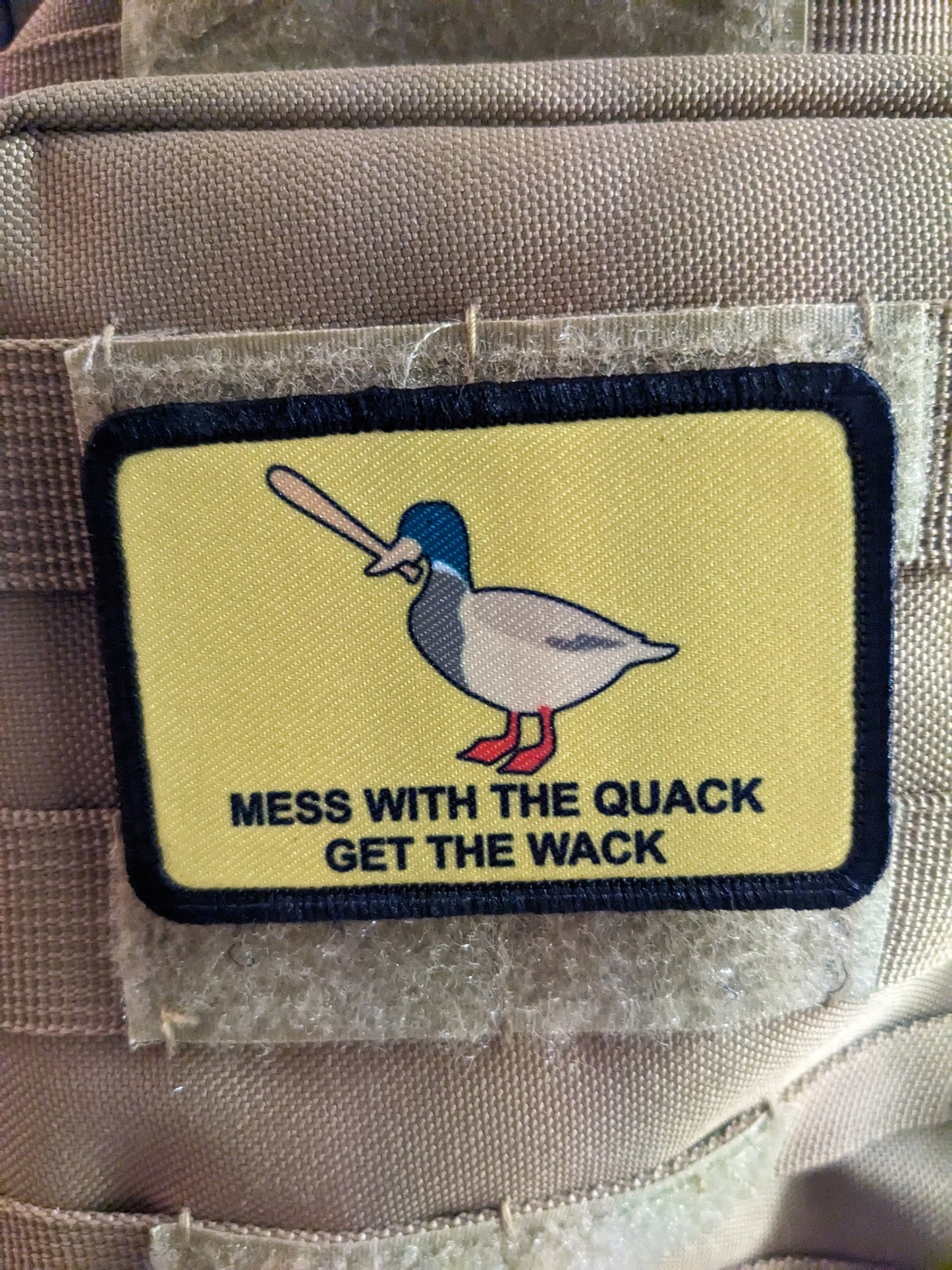 Mess with the quack get the wack Gadsden flag duck meme 2"x3" removable morale patch with hook and loop backing