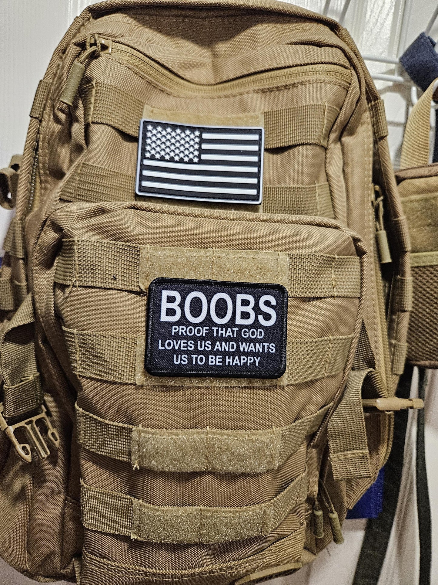 Boobs proof that God loves us and wants us to be happy meme 2"x3" removable morale patch with hook and loop backing black and white