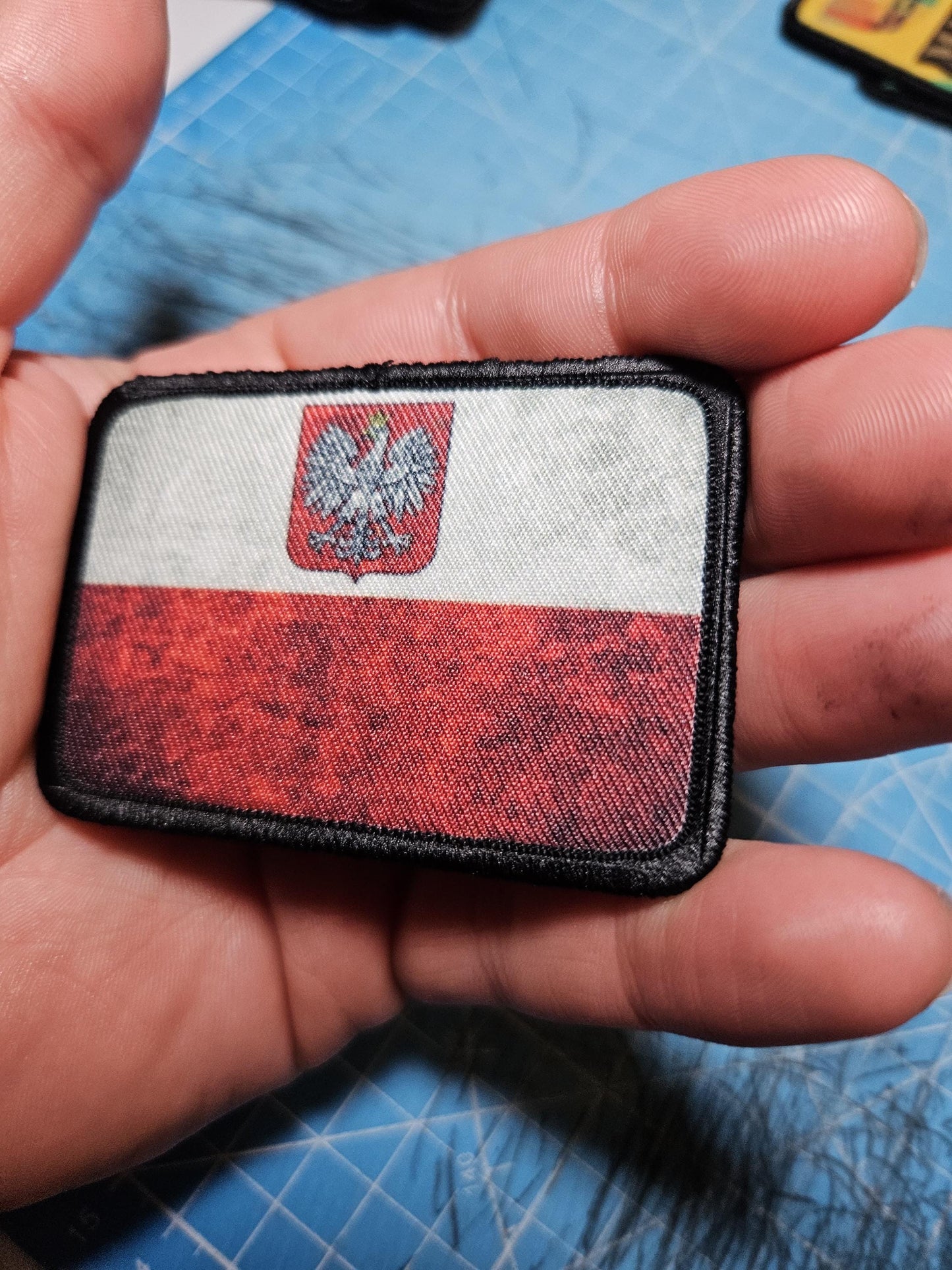 Distressed Poland flag with crest 2"x3" morale patch with hook and loop backing