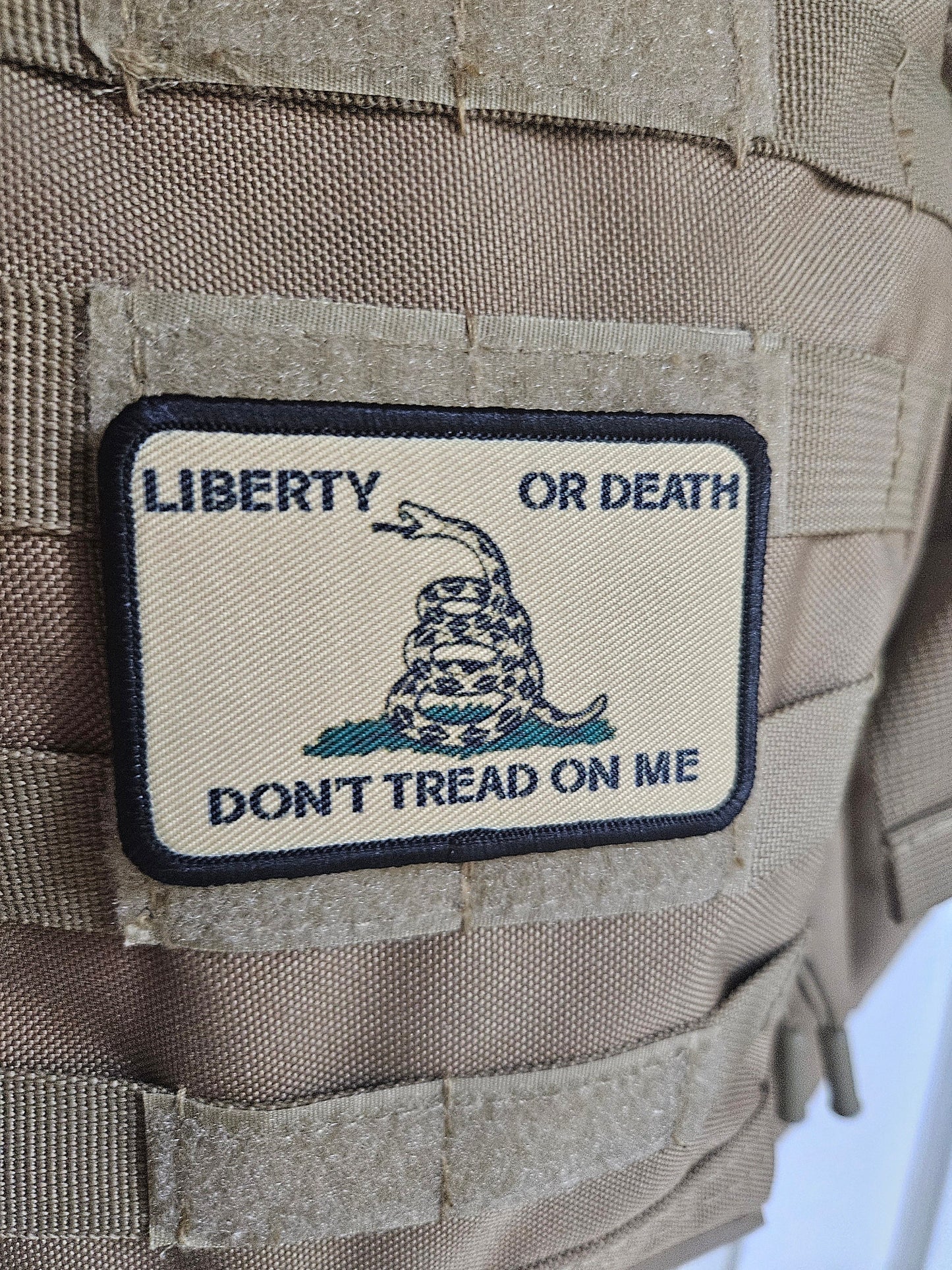 Tan Liberty or death Gadsden flag don't tread on me 2"x3" morale patch with hook and loop backing