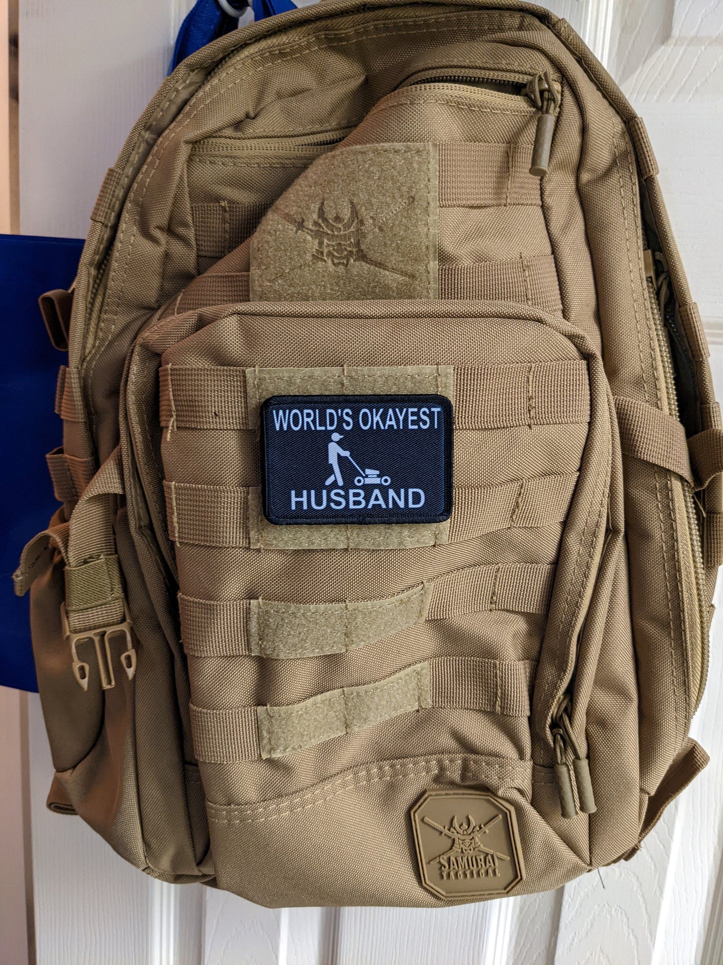 World's Okayest husband funny meme 2"x3" morale patch with hook and loop backing