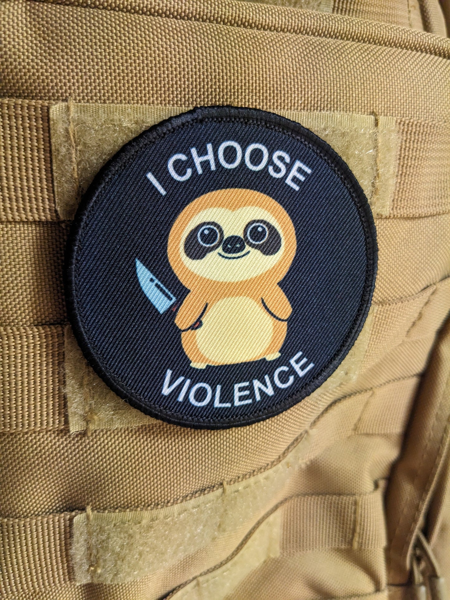 Cute sloth I choose violence meme 3" circle removable morale patch with hook and loop backing