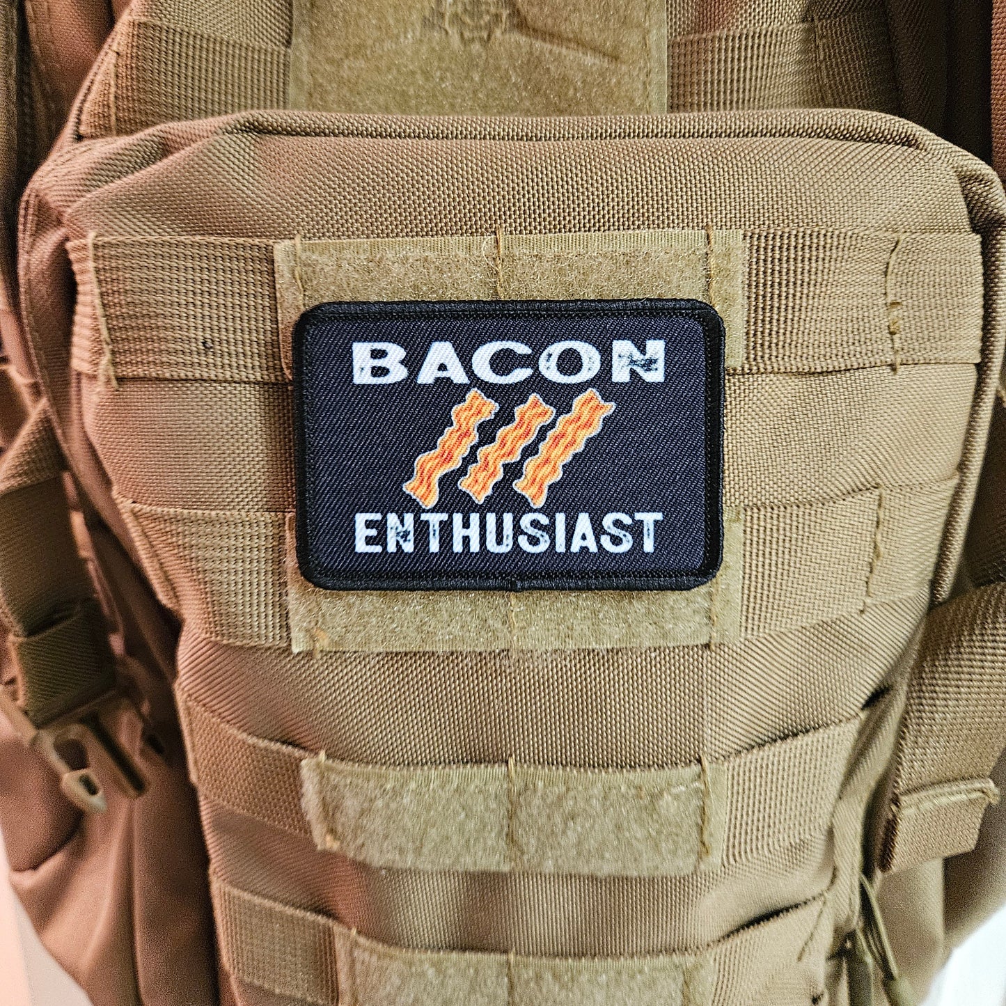 Bacon enthusiast funny meme  2"x3" removable morale patch with hook and loop backing