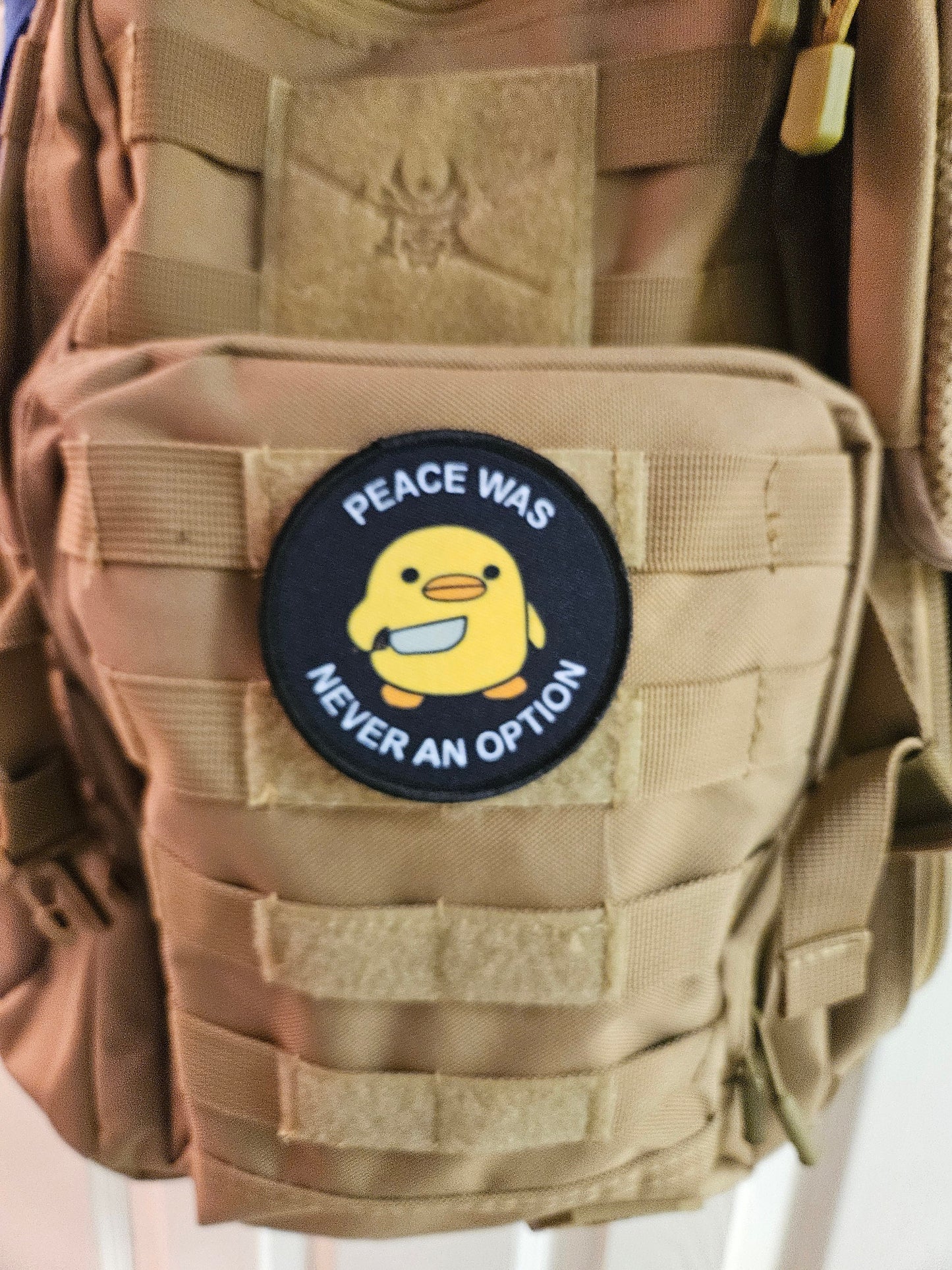 Peace was never an option duckling  with knife  meme 3" circle removable morale patch with hook and loop backing