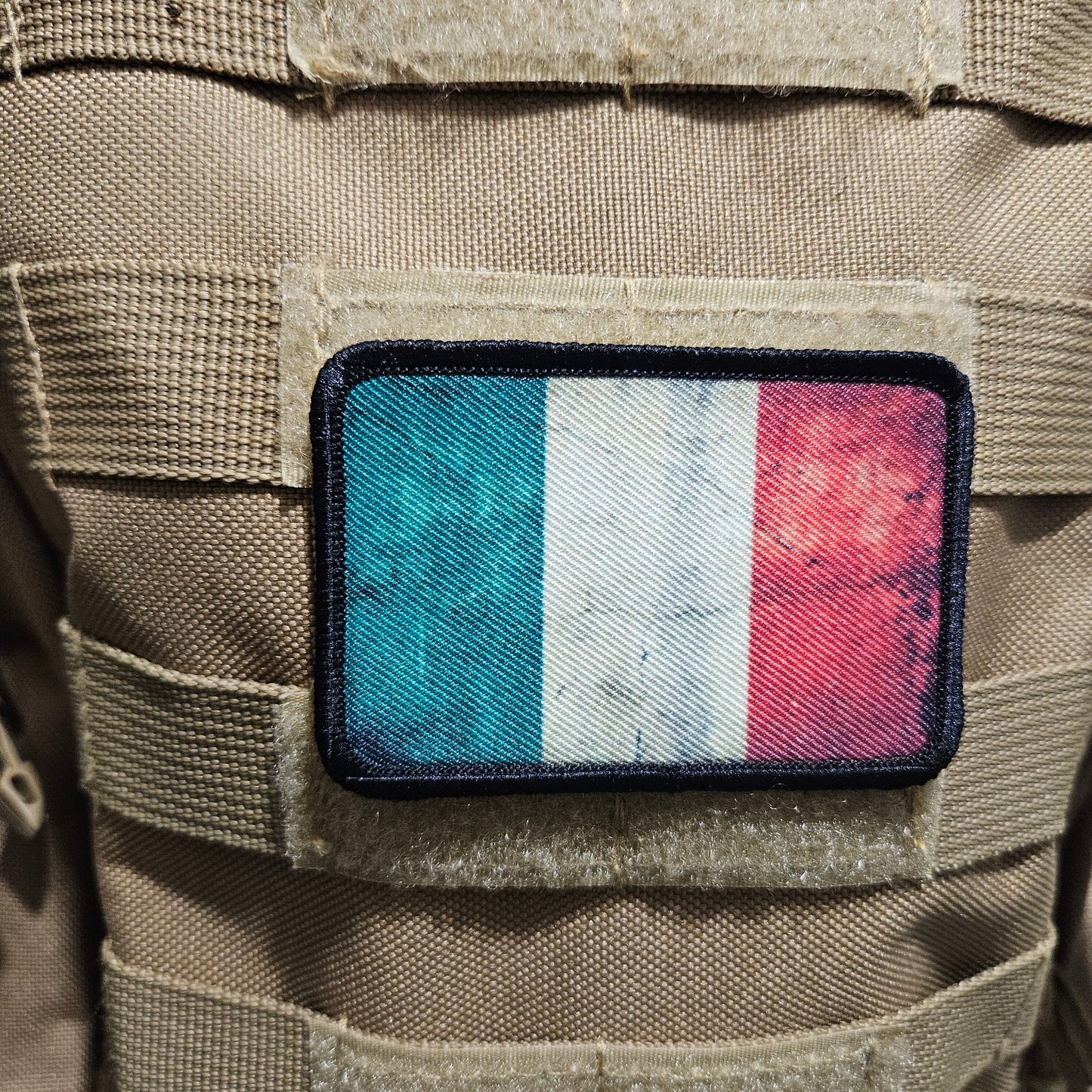 Distressed Italian flag 2"x3" morale patch with hook and loop backing