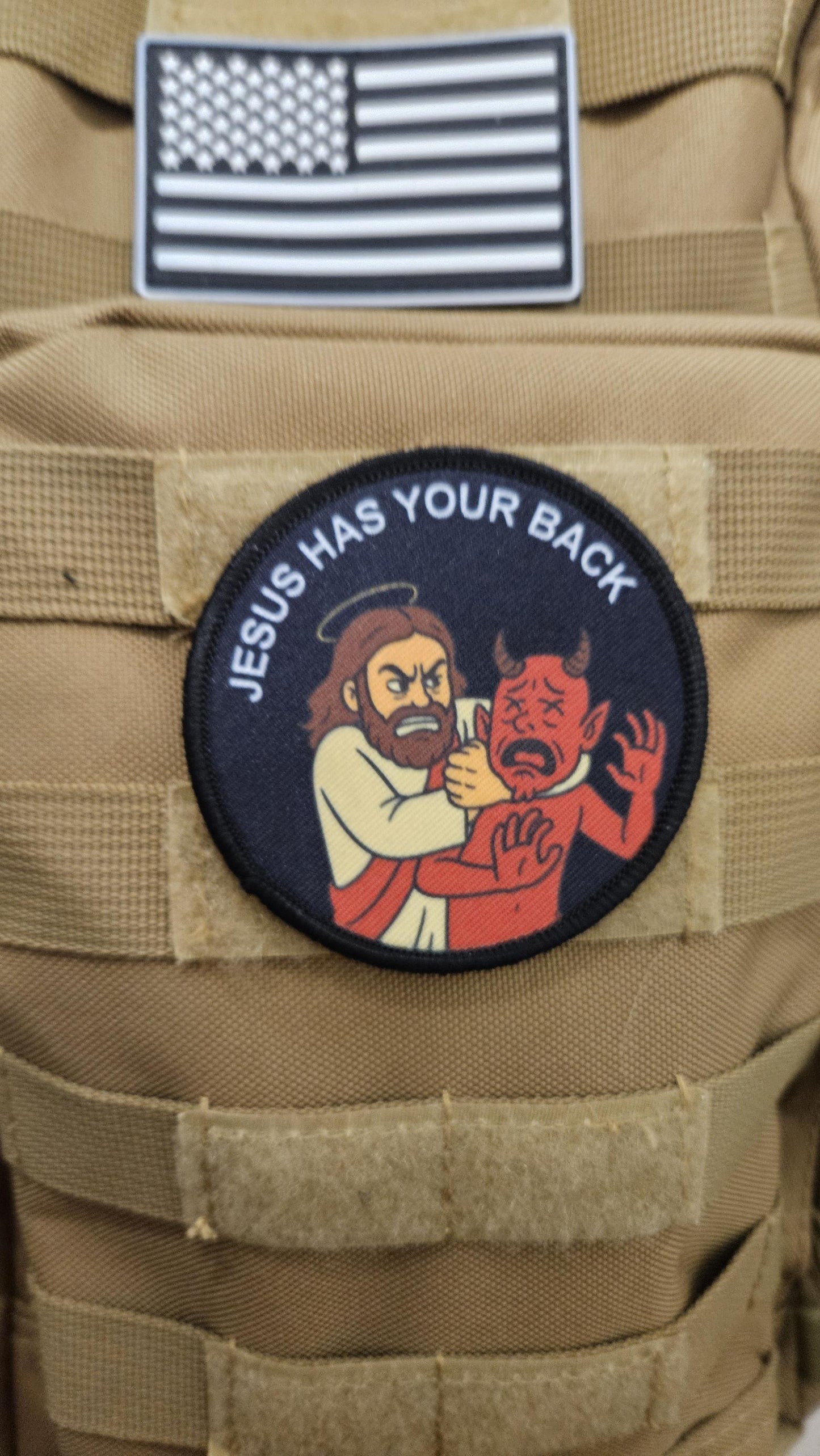 Jesus has your back funny 3" circle removable morale patch with hook and loop backing