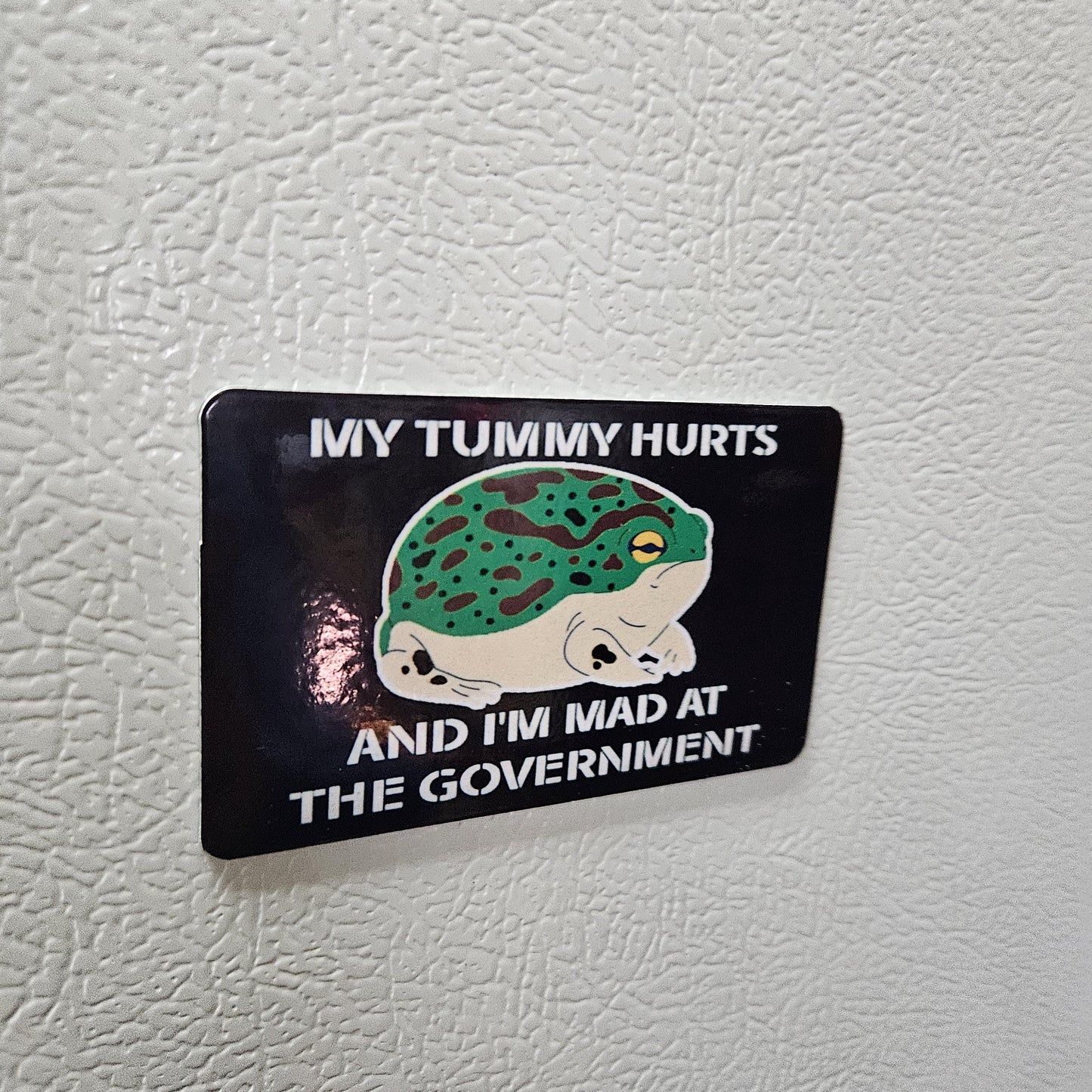 My tummy hurts and i'm mad at the government frog meme fridge magnet 2x3.5" dimensions