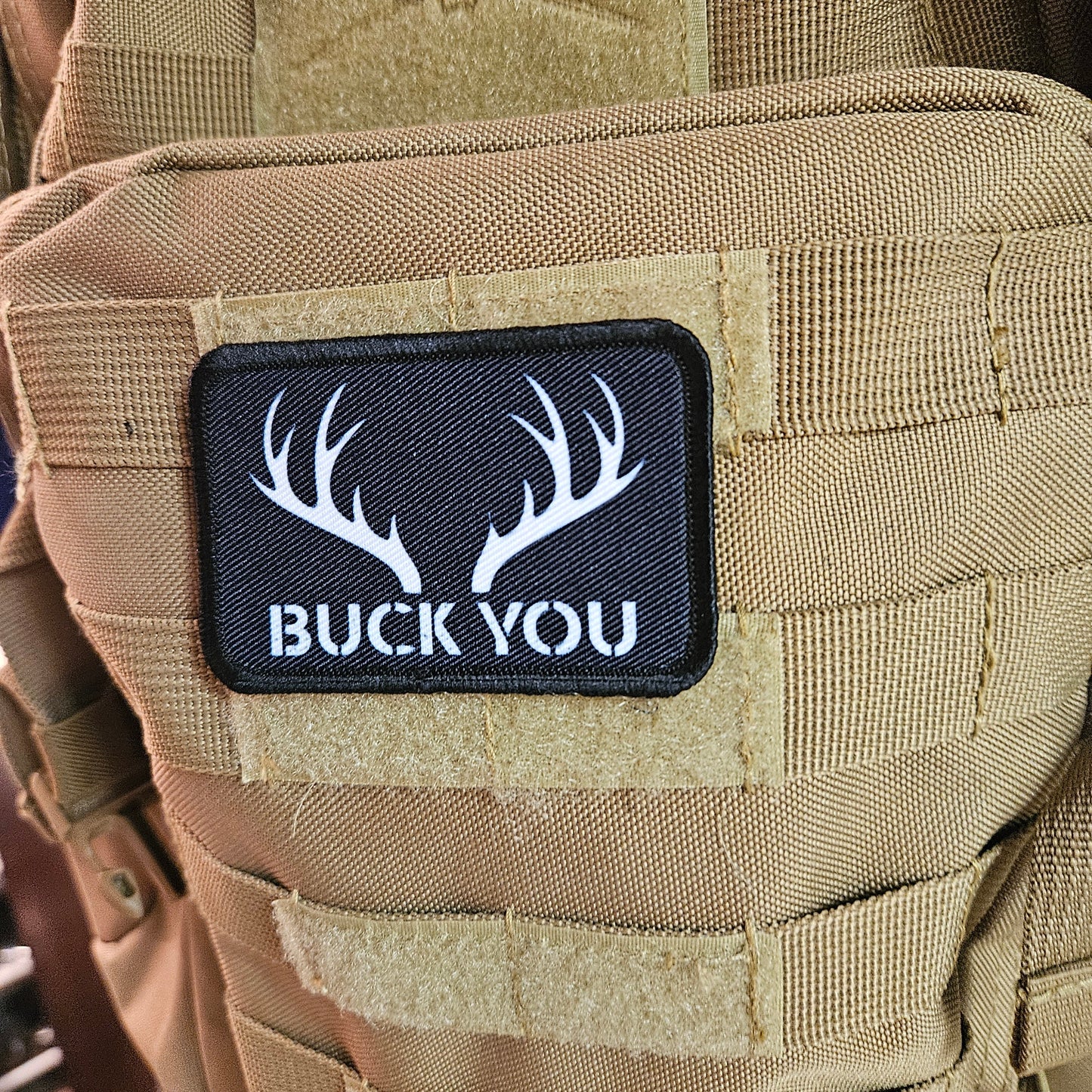 Buck you Deer hunting  meme patch 2" x3" inch morale patch hook and loop backing black and white