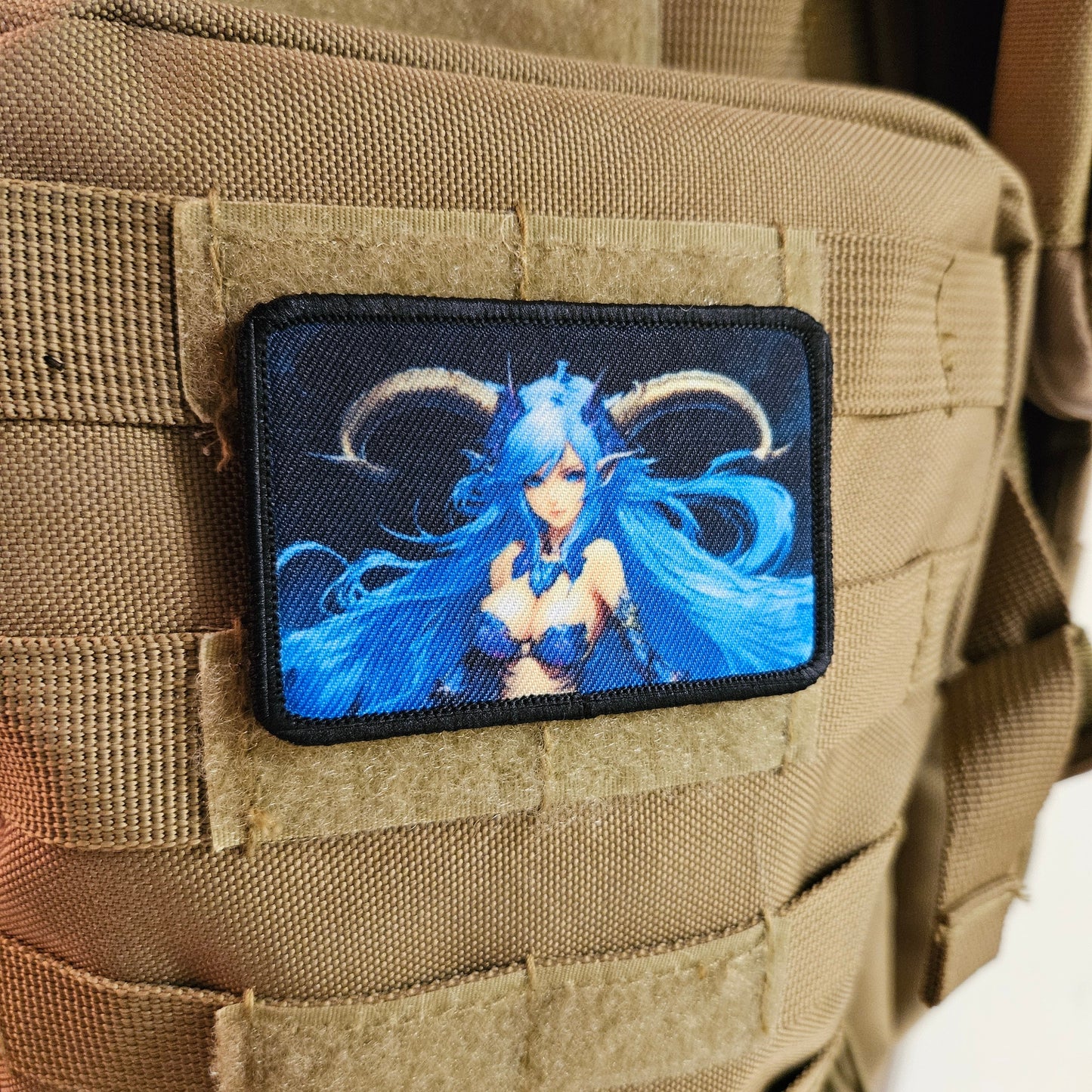 Blue haired succubus waifu Sexy Anime girl cleavage bikini 2"x3"  removable morale patch with hook and loop backing