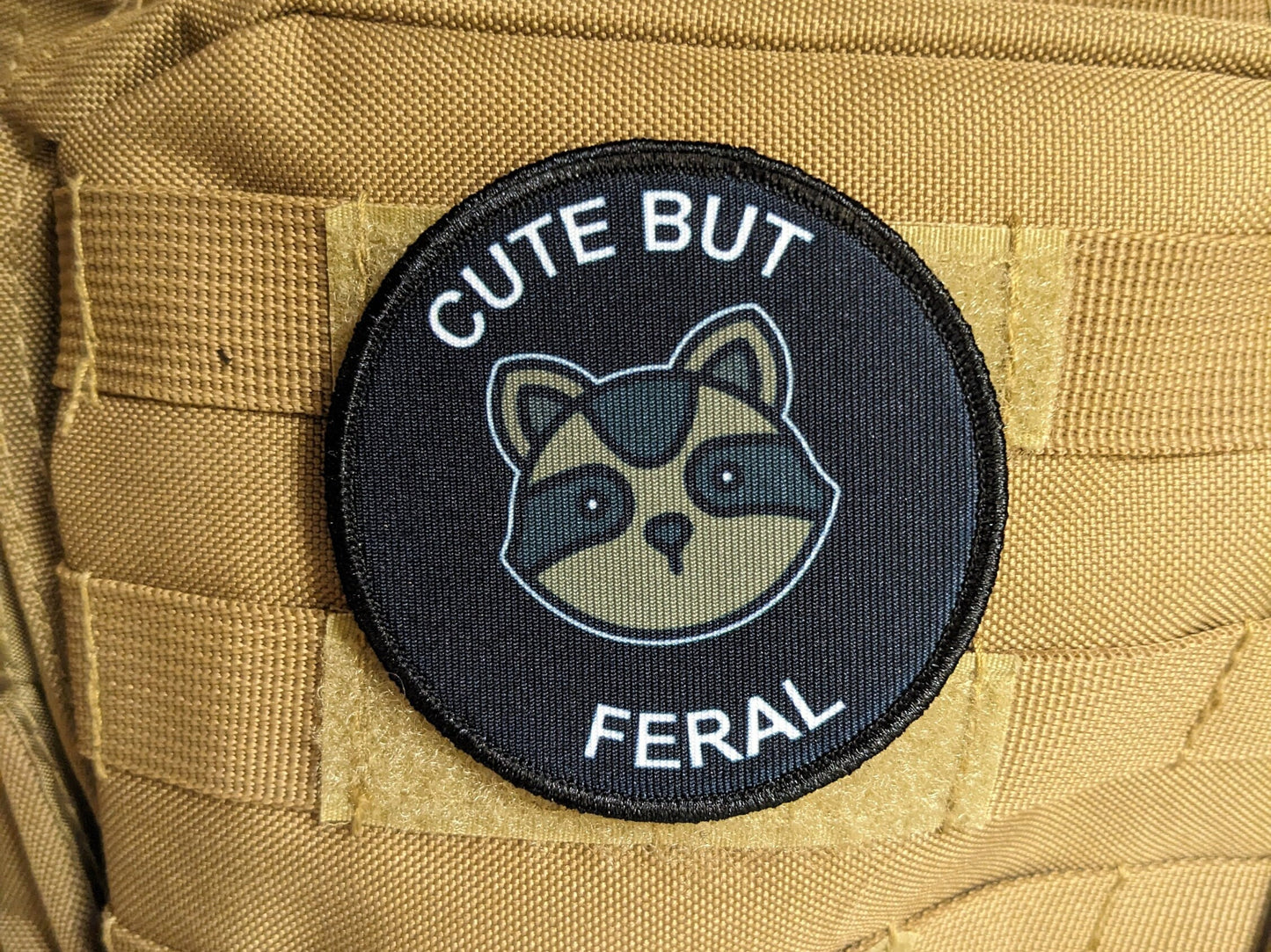 Cute but feral raccoon meme 3" circle removable morale patch with hook and loop backing