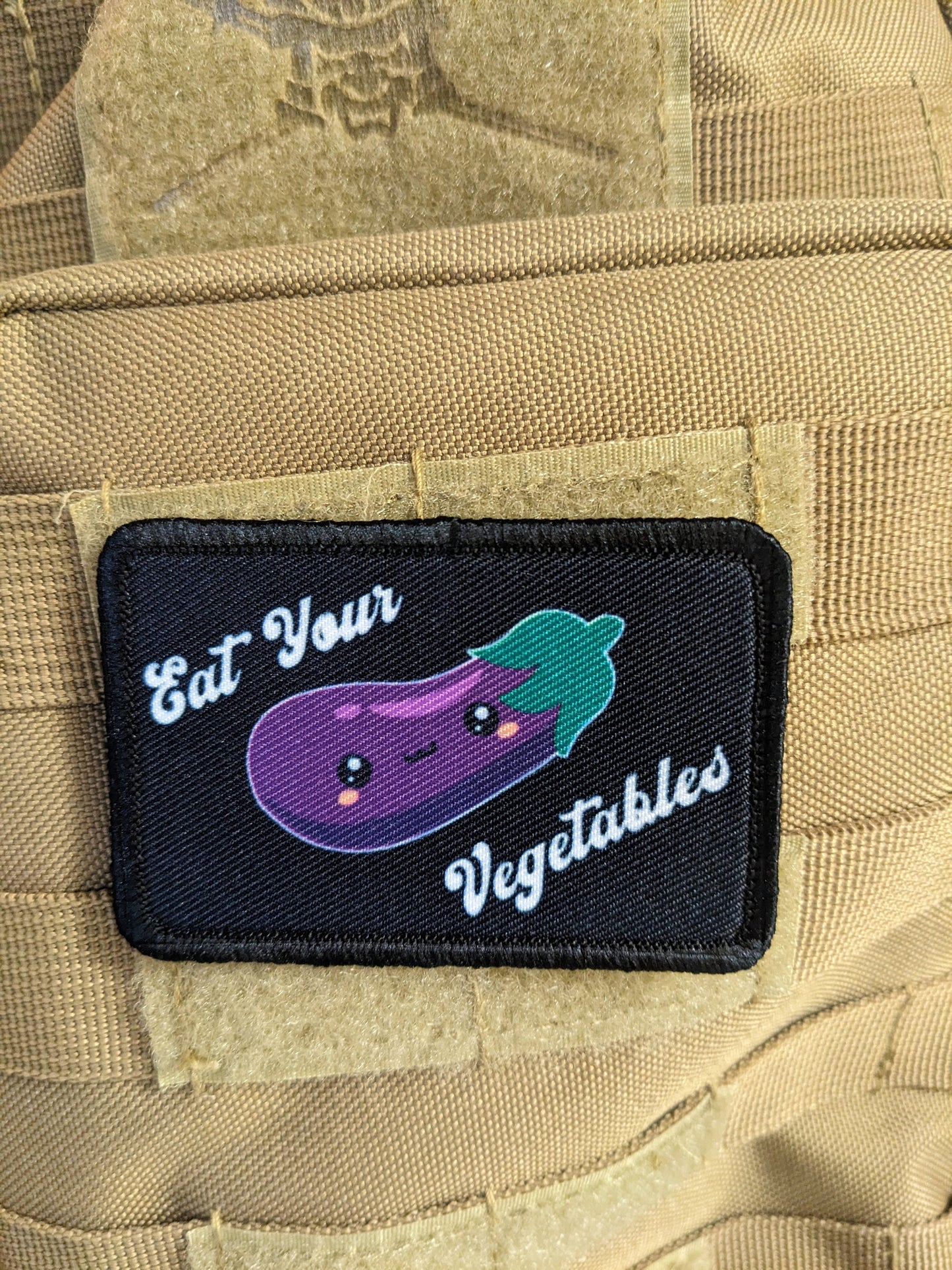 Eat your vegetables eggplant sexy funny  meme cute  2"x3" morale patch with hook and loop backing