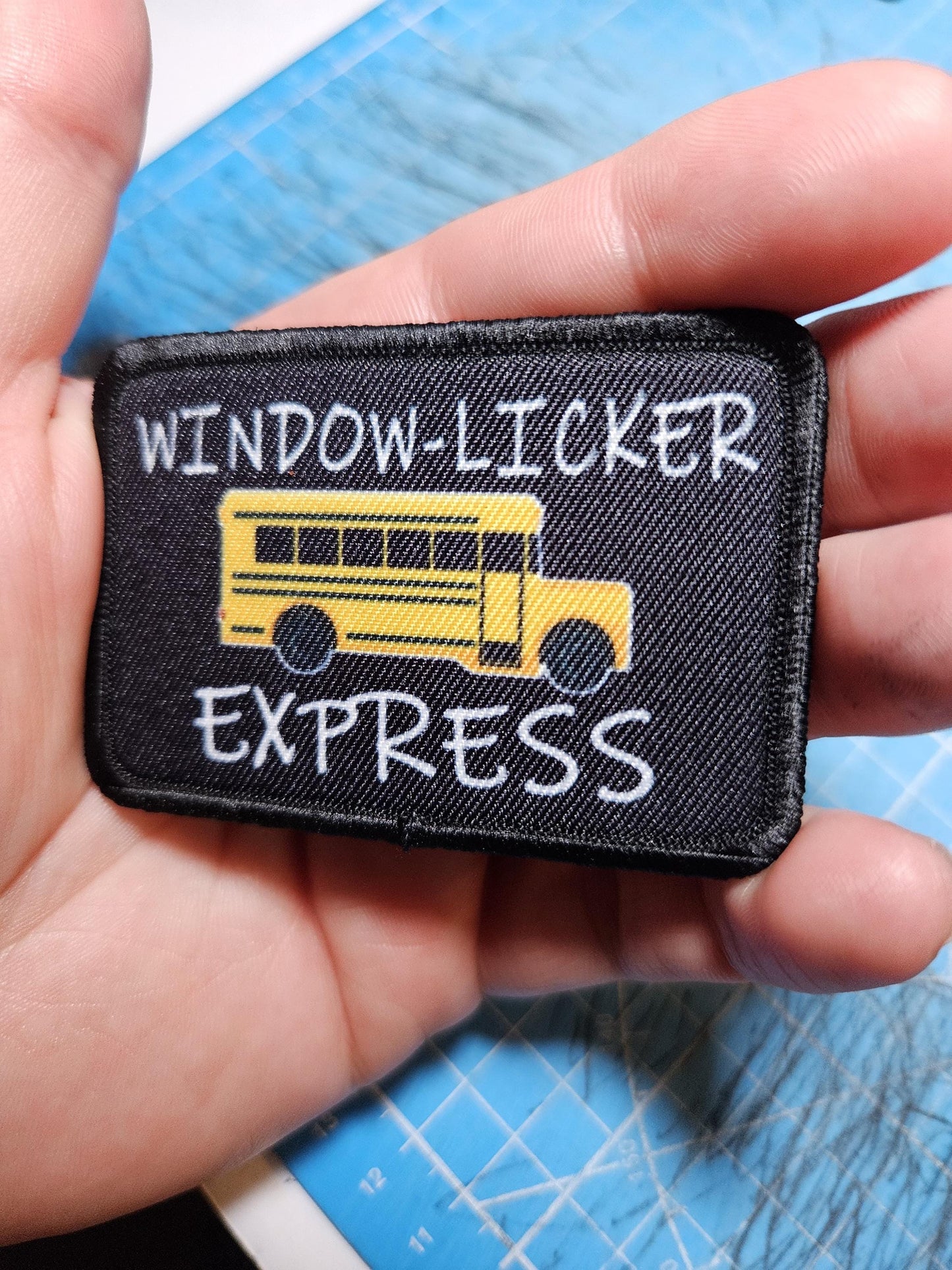 Window-licker express school bus driver funny 2"x3" removable morale patch with hook and loop backing