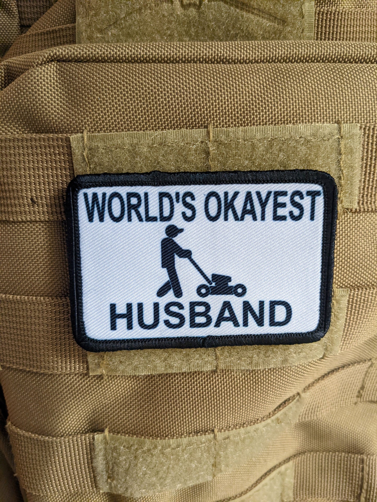 World's Okayest husband funny meme white background 2"x3" morale patch with hook and loop backing