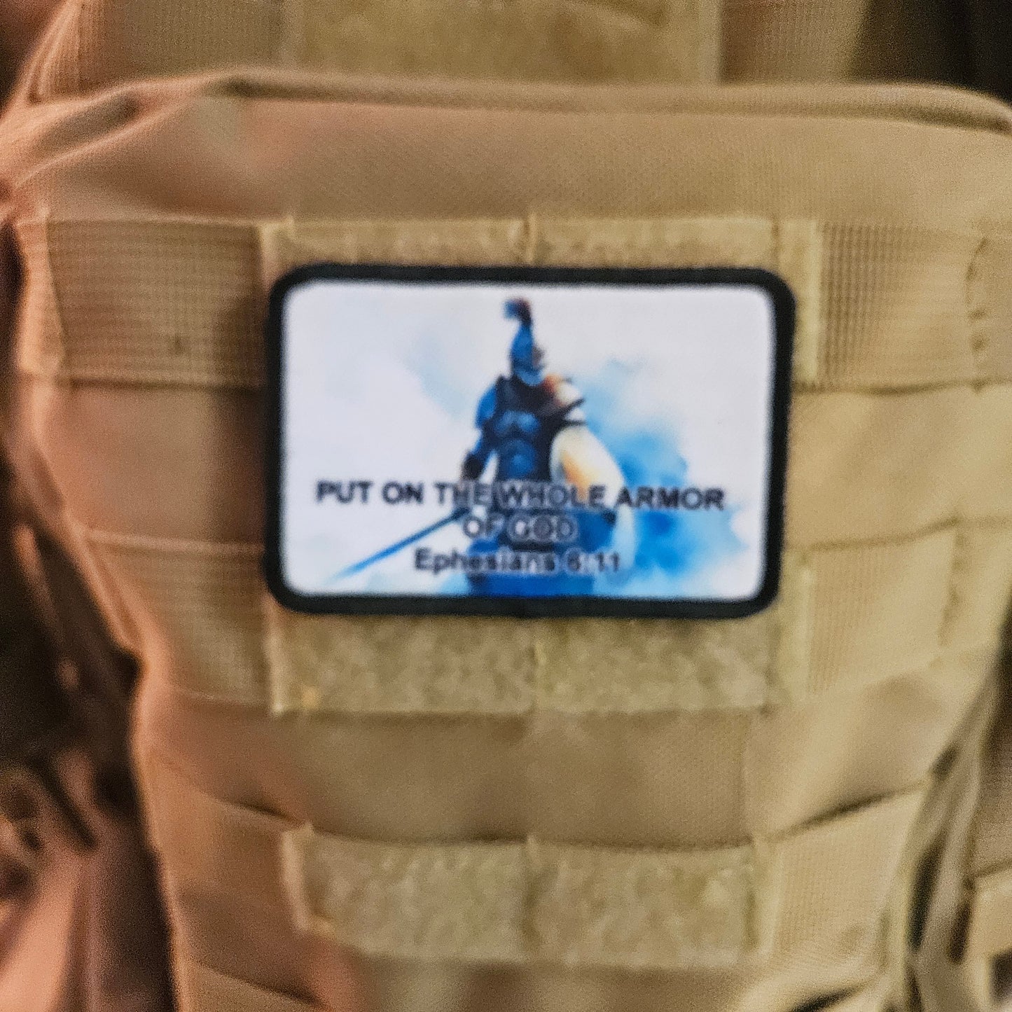 Put on the whole armor of God Ephesians bible verse  2"x3" morale patch with hook and loop backing