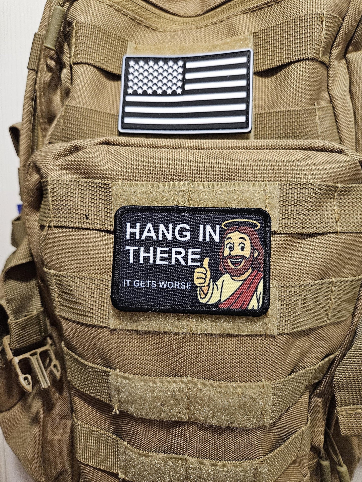 Jesus hang in there it gets worse meme 2"x3" removable morale patch with hook and loop backing black and white