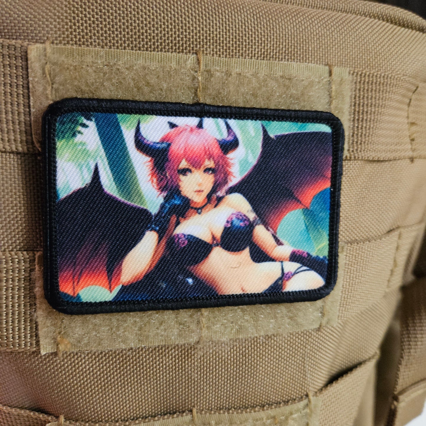 Pink haired succubus waifu Sexy Anime girl cleavage bikini 2"x3"  removable morale patch with hook and loop backing