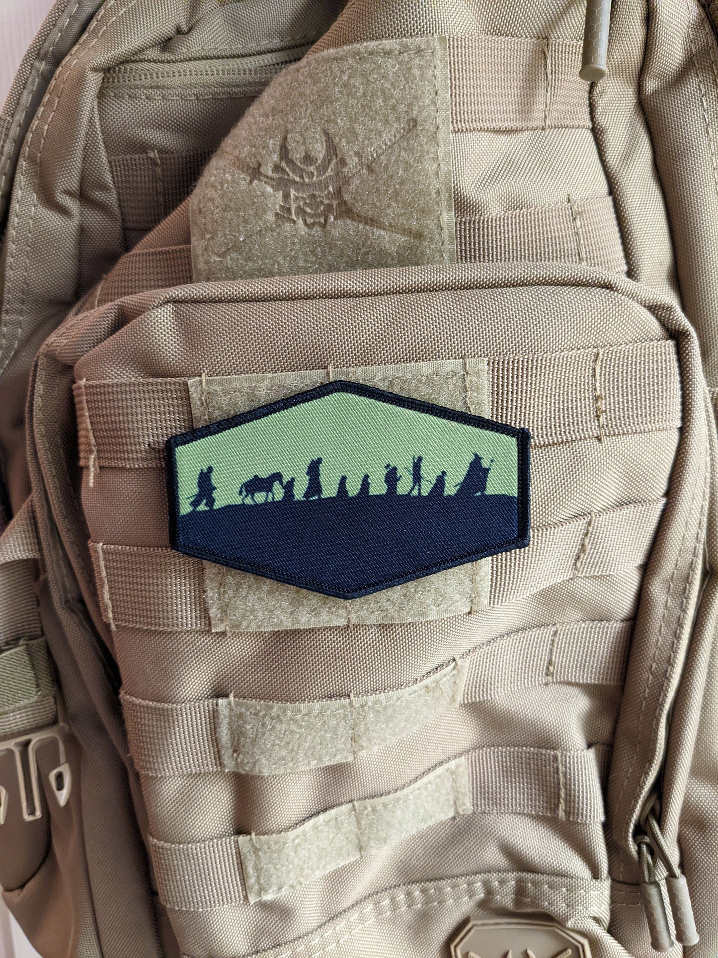 Lotr fellowship silhouette fantasy 4"x2.5" hexagon morale patch with hook and loop backing