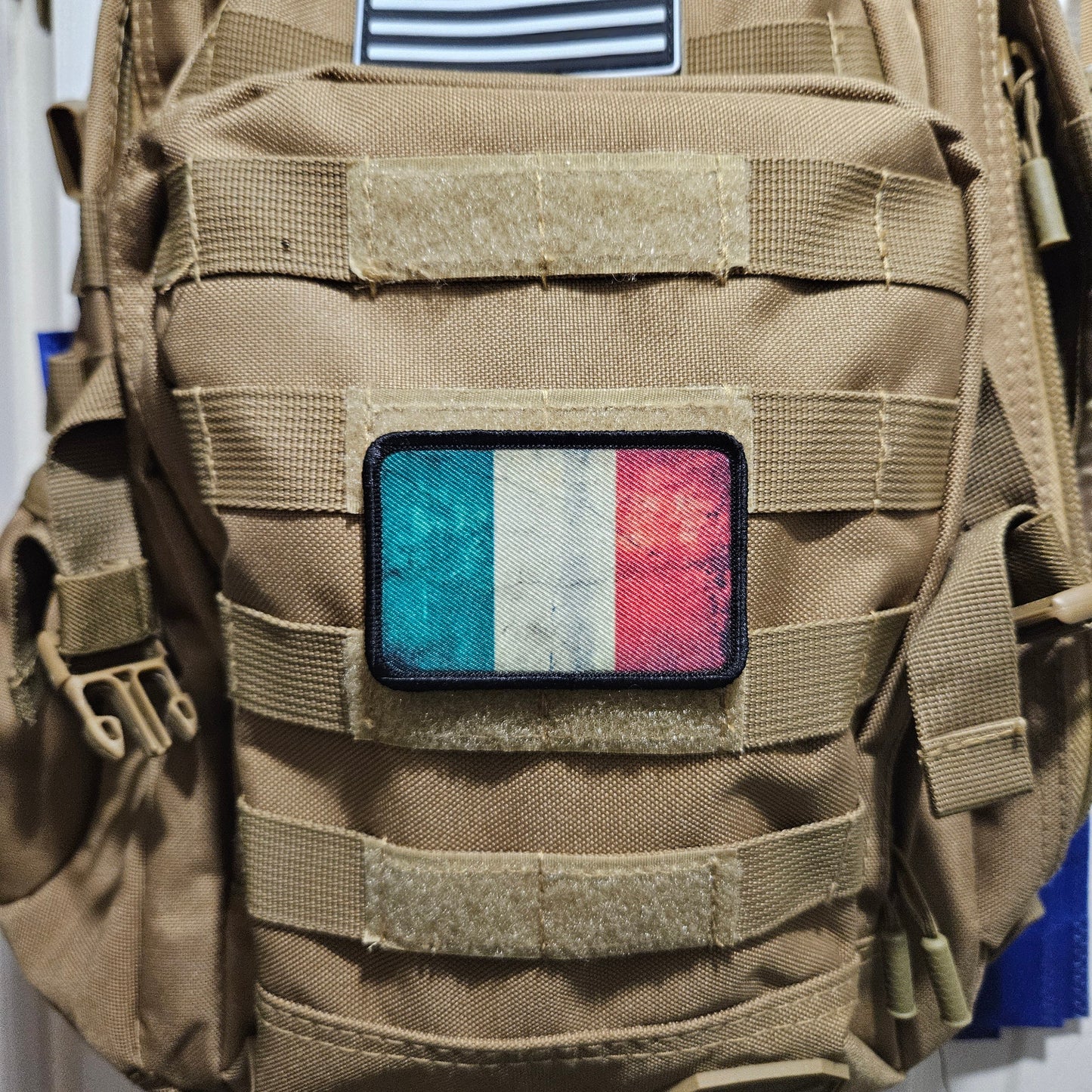 Distressed Italian flag 2"x3" morale patch with hook and loop backing