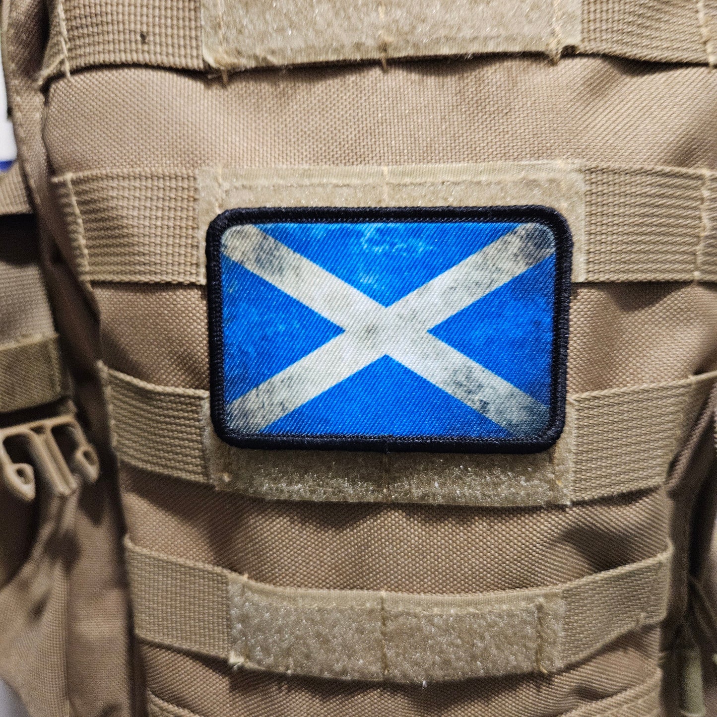 distressed Scottish flag 2"x3" morale patch with hook and loop backing