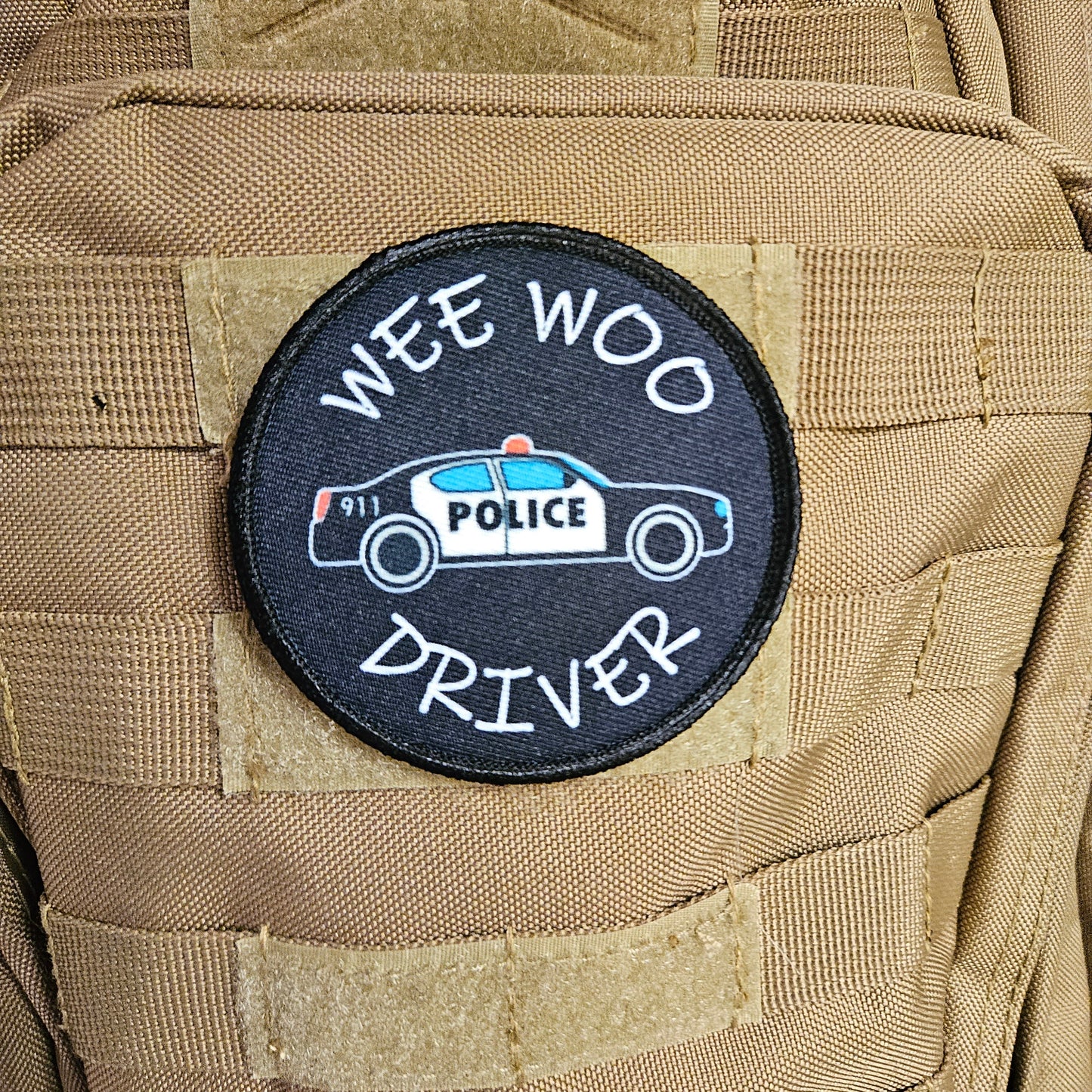 Wee woo driver police car driver funny 3" circle removable morale patch with hook and loop backing