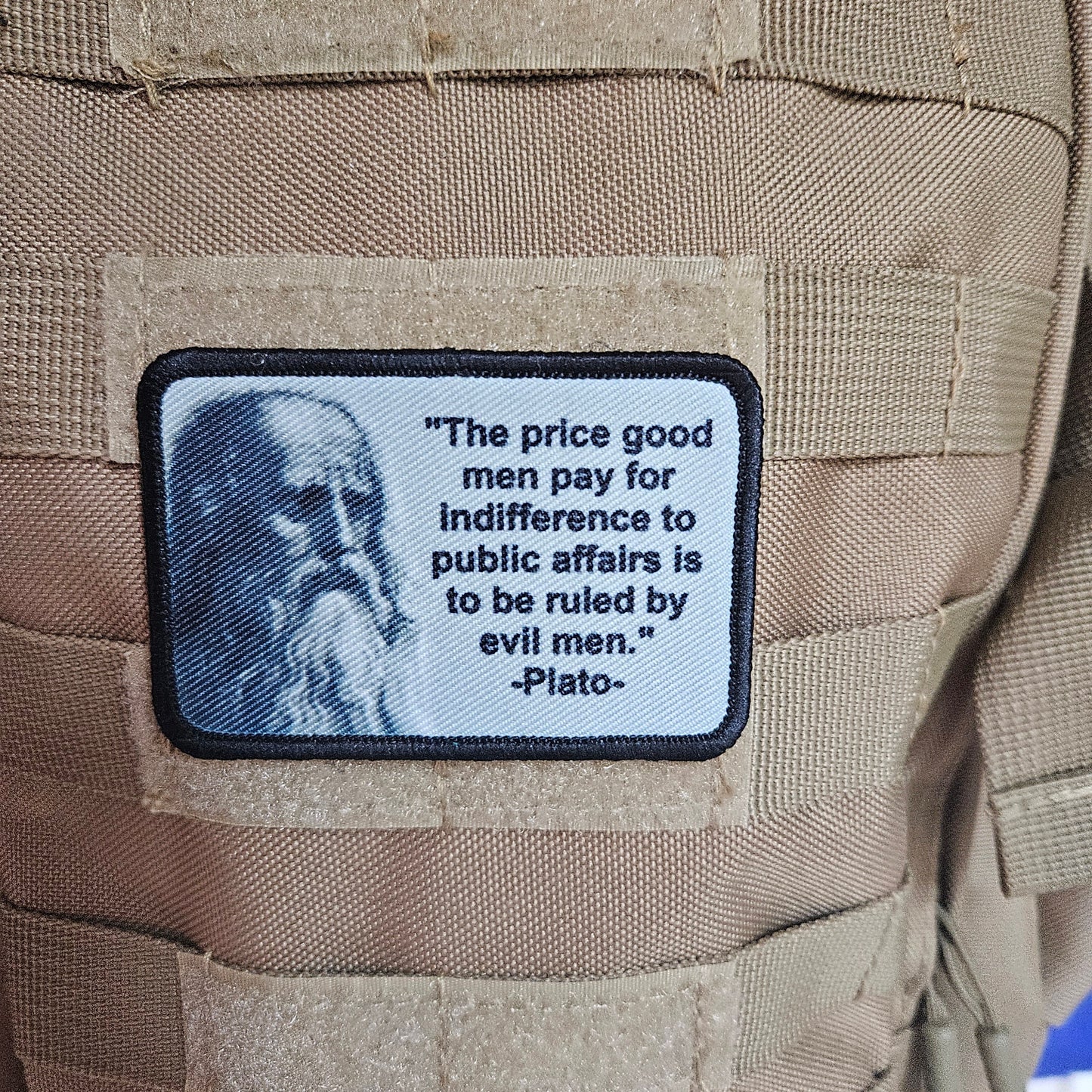 Plato the price good men pay for indifference 2"x3" removable morale patch with hook and loop backing