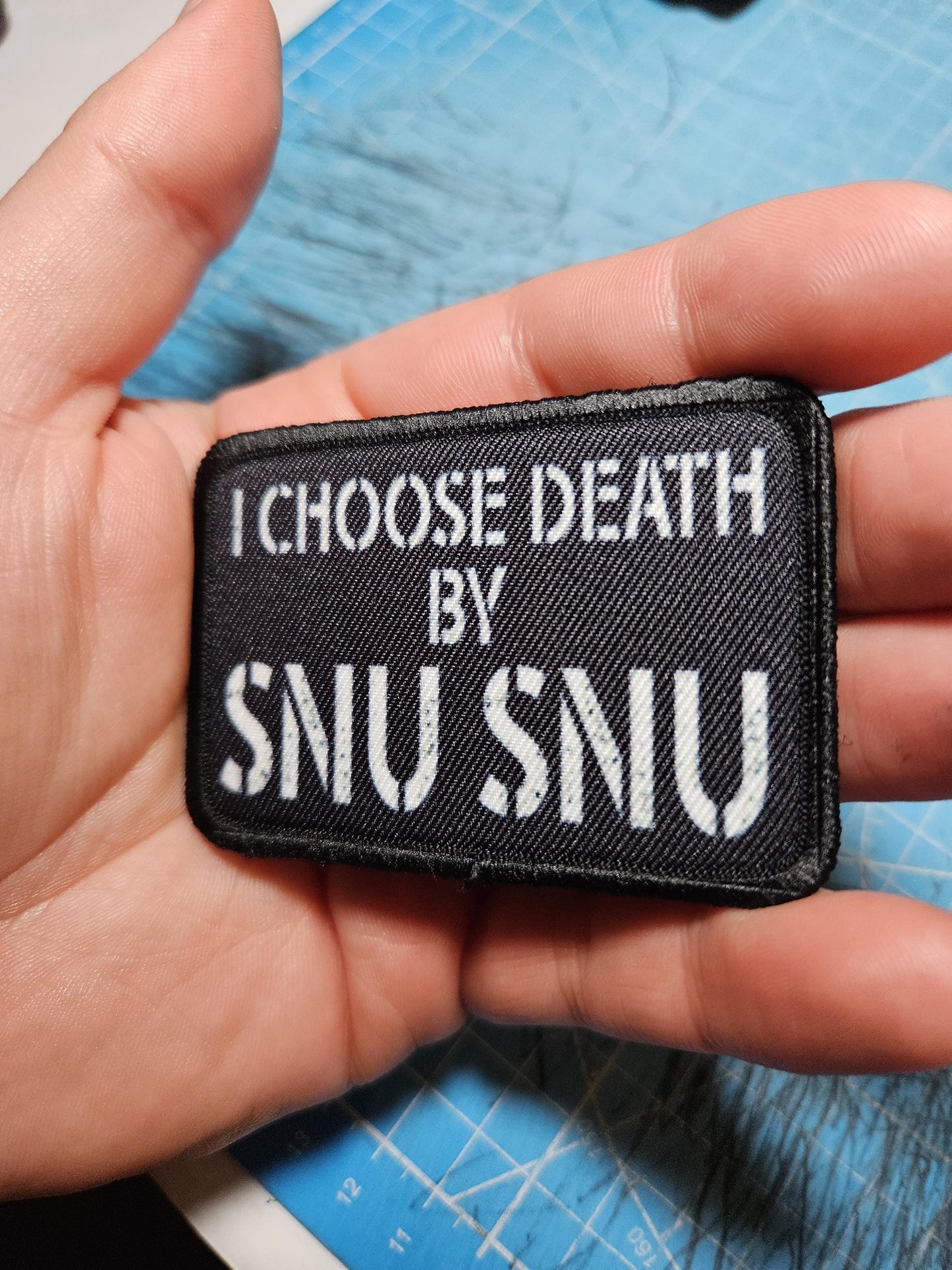 I choose death by snu snu meme 2"x3" removable morale patch with hook and loop backing death by snu snu