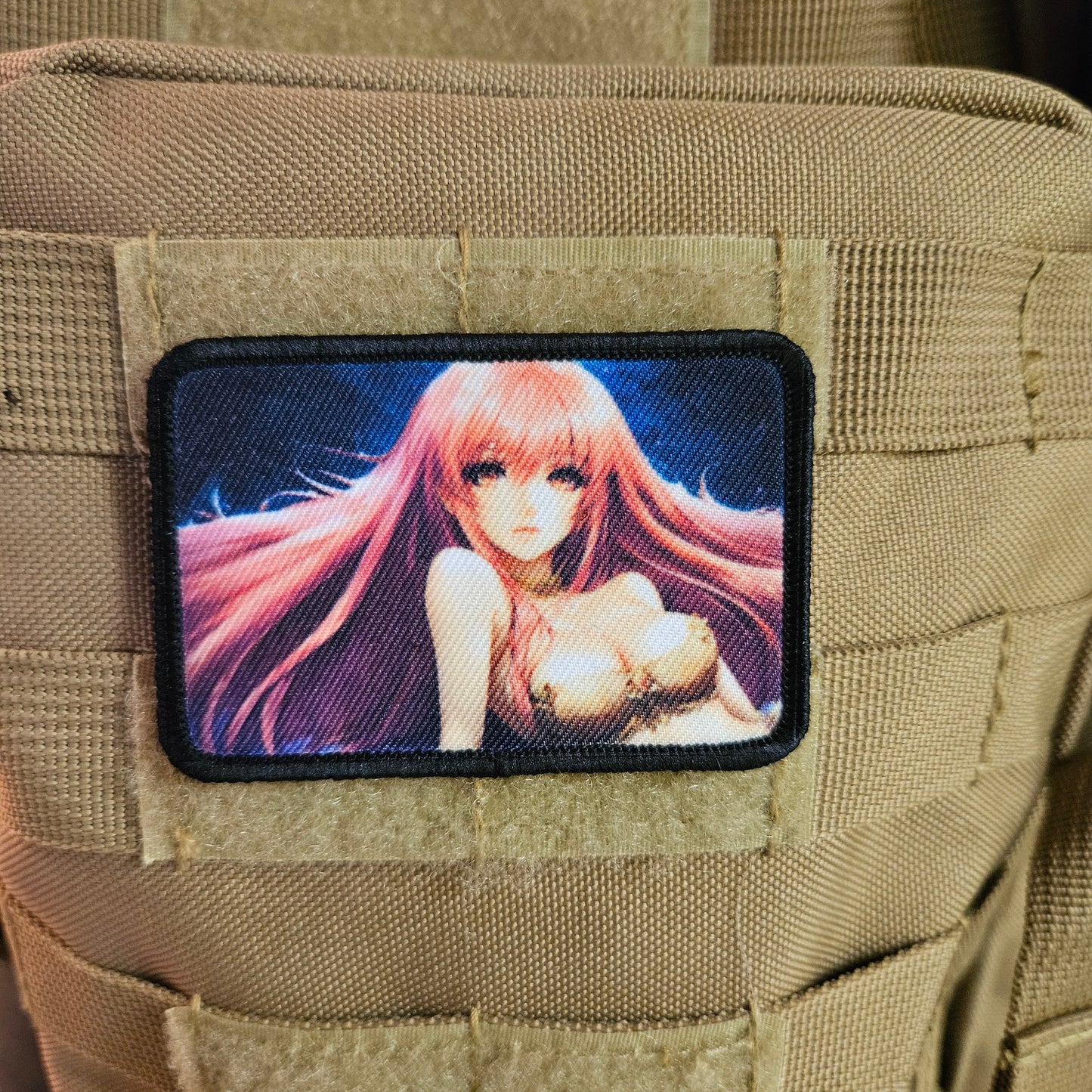 Long Pink hair waifu Sexy Anime girl cleavage bikini 2"x3"  removable morale patch with hook and loop backing