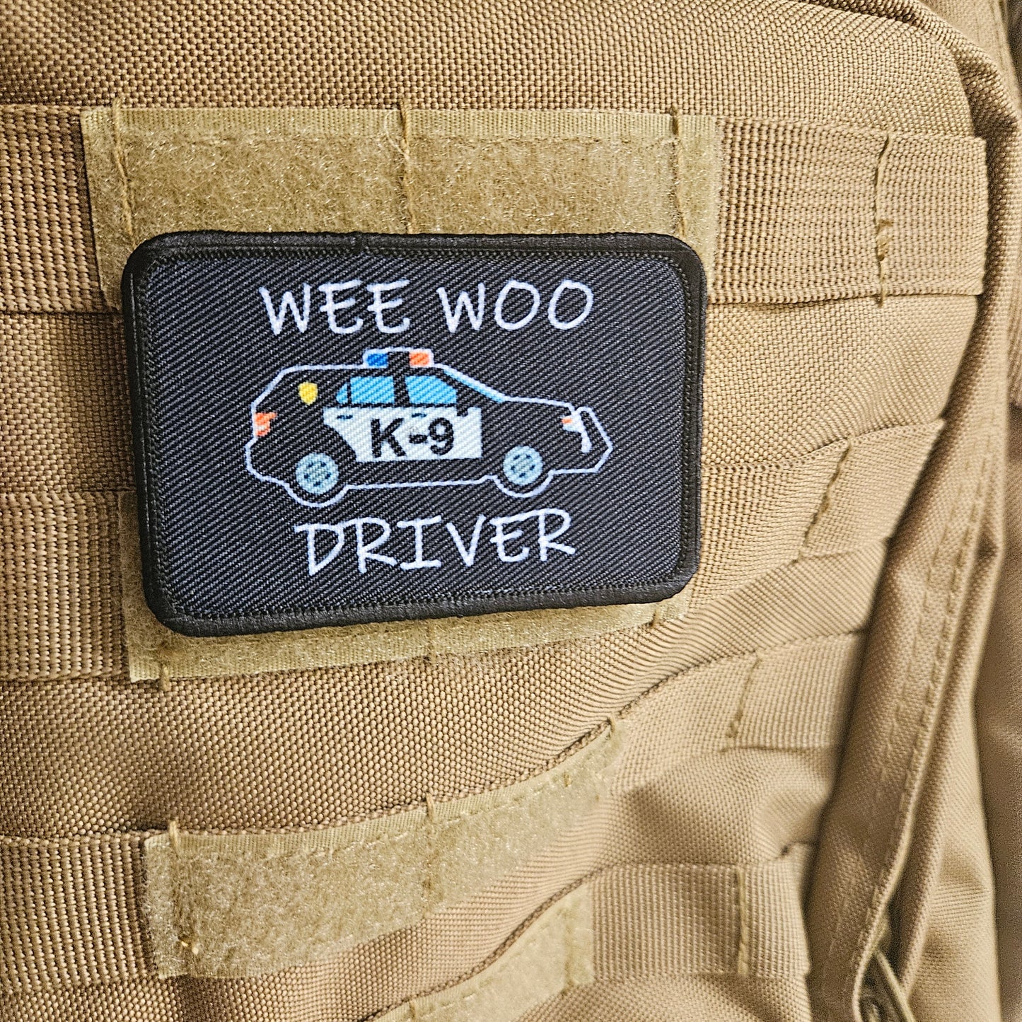 Wee woo driver k9 on door police SUV funny 2"x3" removable morale patch with hook and loop backing