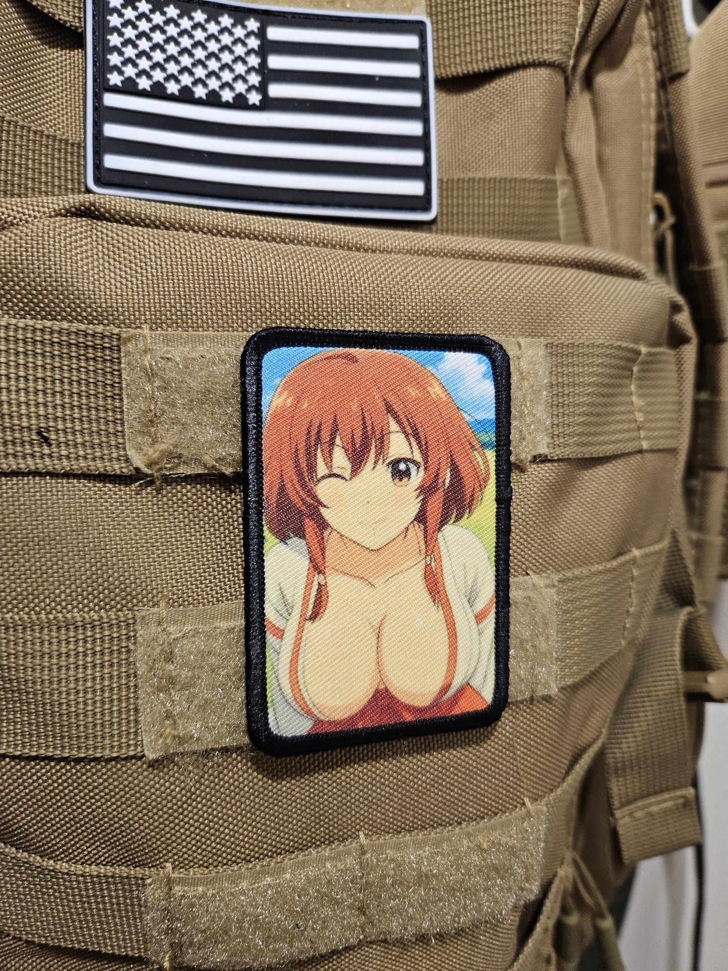 Sexy Anime girl ginger hair big boobs waifu 2"x3"  removable morale patch with hook and loop backing