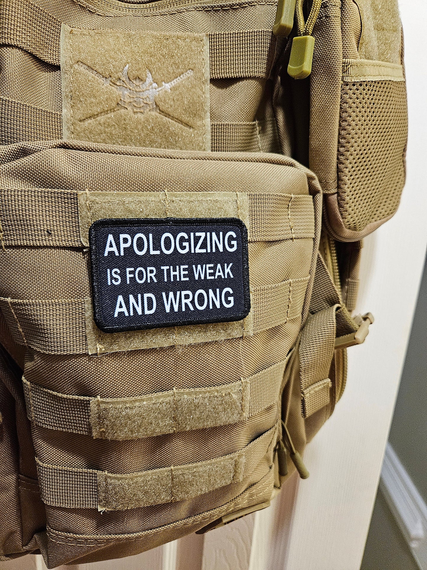 Apologizing is for the weak and wrong meme 2"x3"  removable morale patch with hook and loop backing