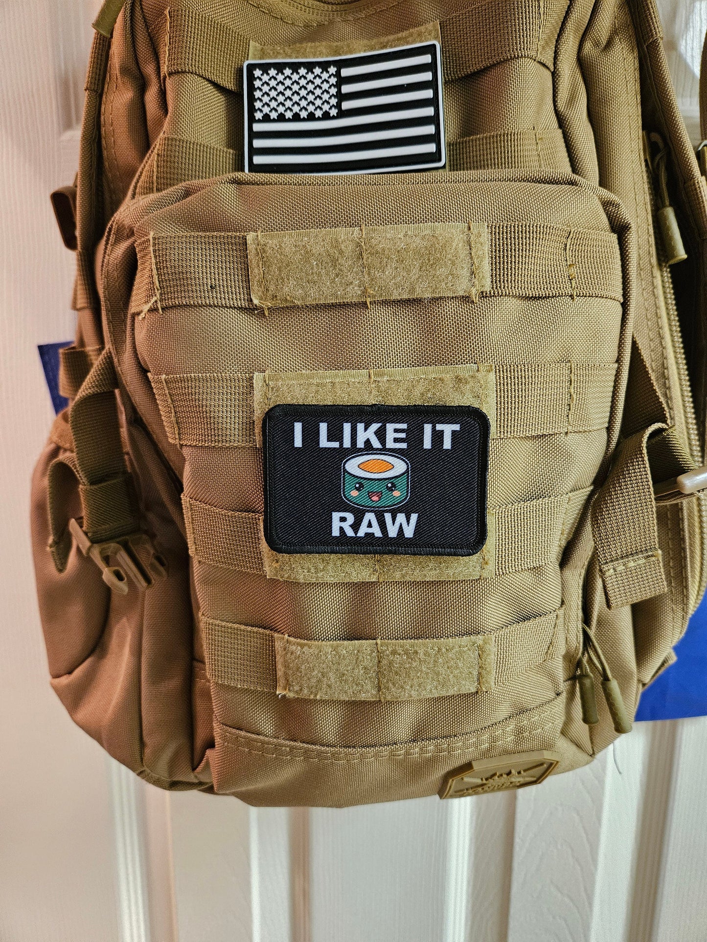 I like it raw sushi enthusiast meme cute making roll 2"x3" morale patch with hook and loop backing