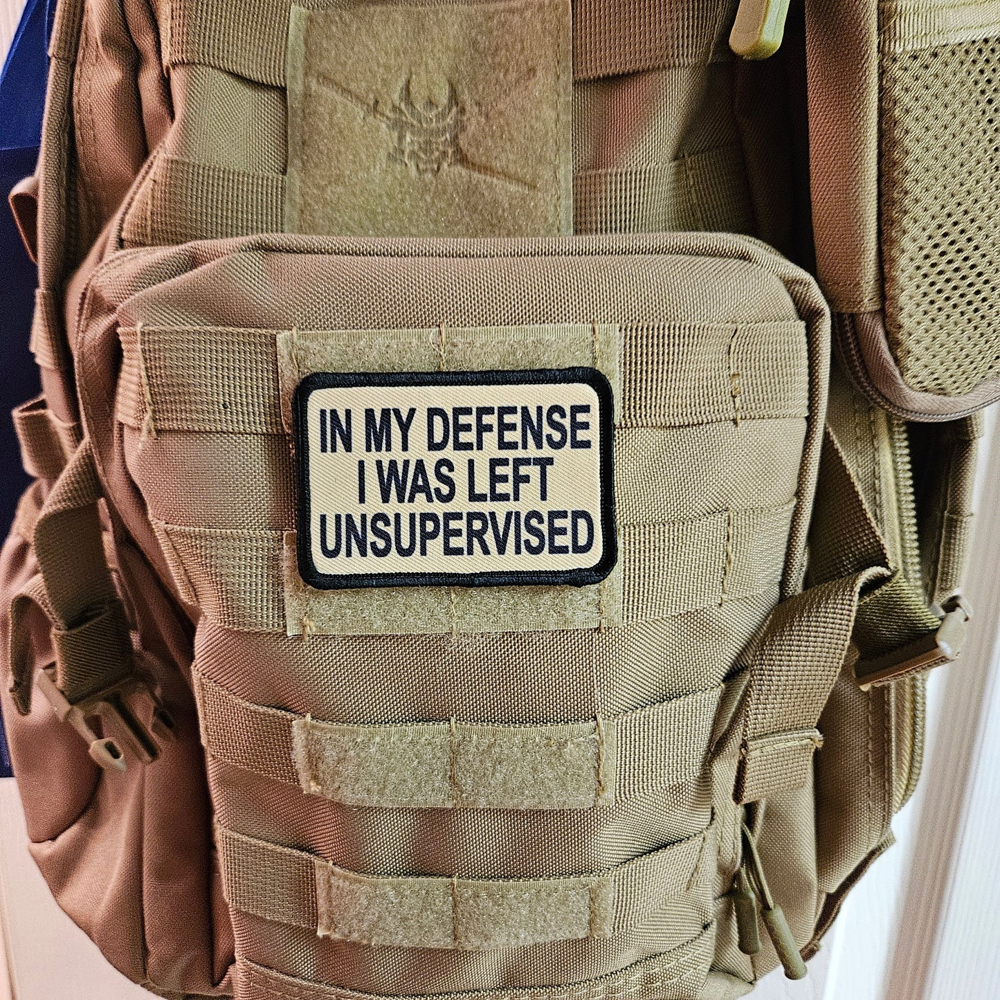 Tan In My Defense I was left Unsupervised  removable patch 2"x3" morale patch with hook and loop backing