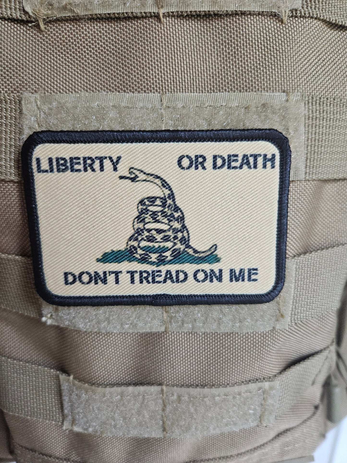 Tan Liberty or death Gadsden flag don't tread on me 2"x3" morale patch with hook and loop backing