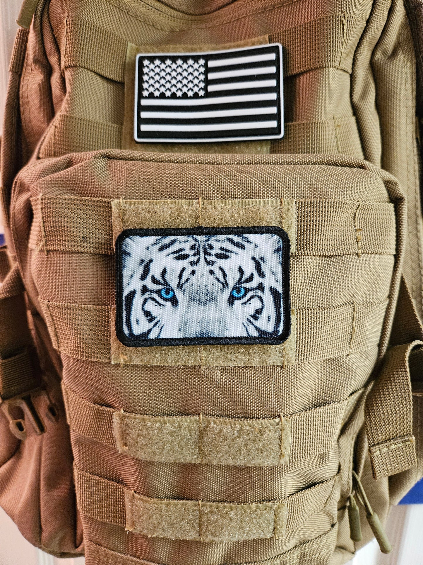 White tiger eyes 2"x3" morale patch with hook and loop backing