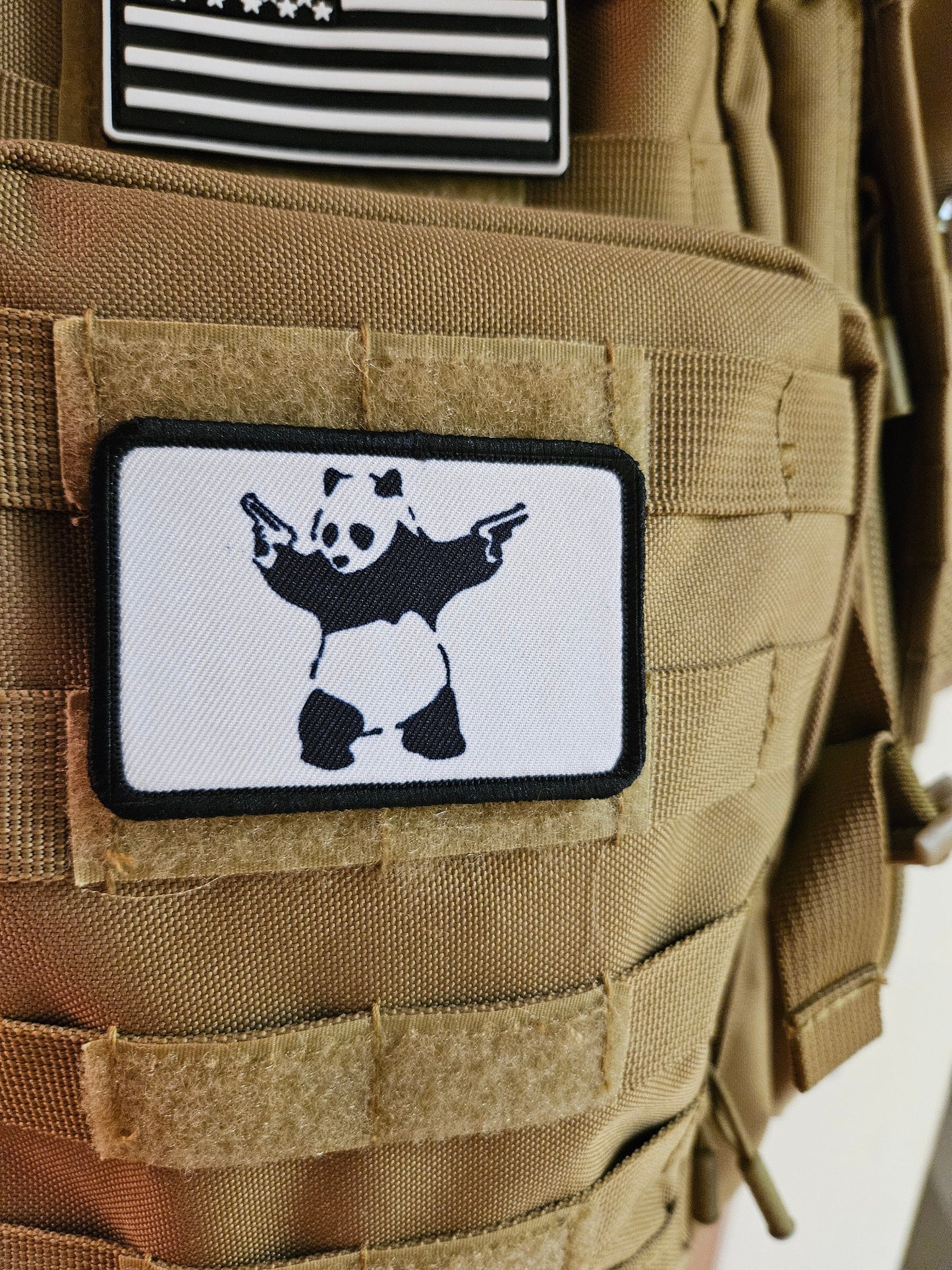 Pew pew panda meme 2"x3" removable morale patch with hook and loop backing