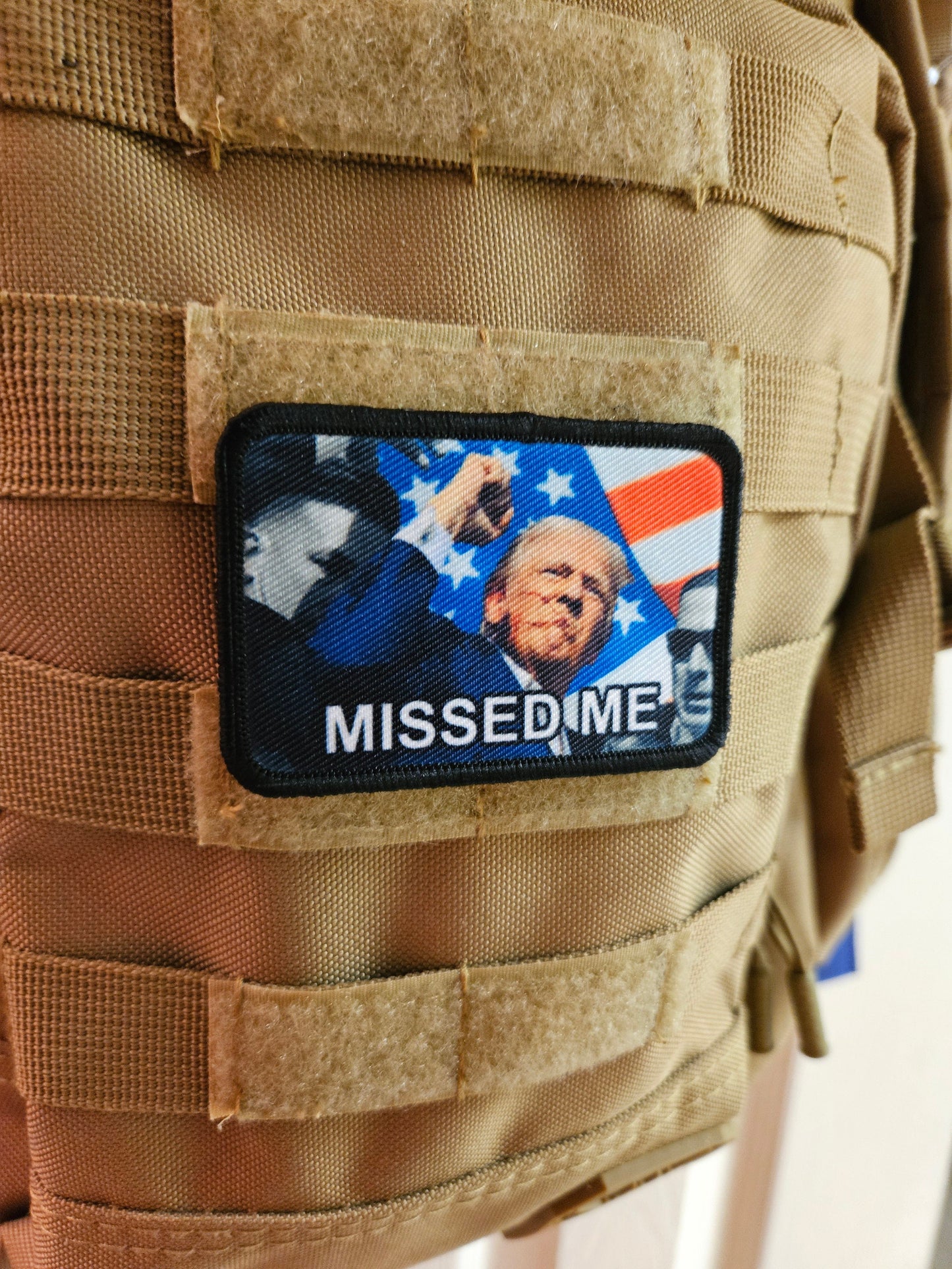 trump survived Flag background fist in the air missed me  2"x3" morale patch with hook and loop backing military joke meme