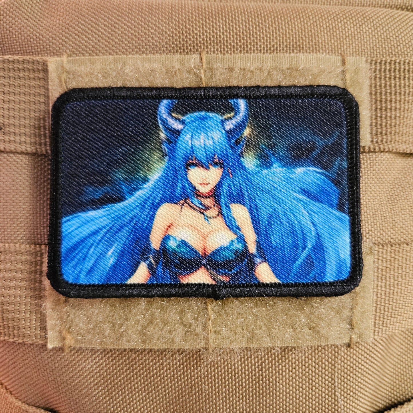 Blue haired succubus waifu 2 Sexy Anime girl cleavage bikini 2"x3"  removable morale patch with hook and loop backing