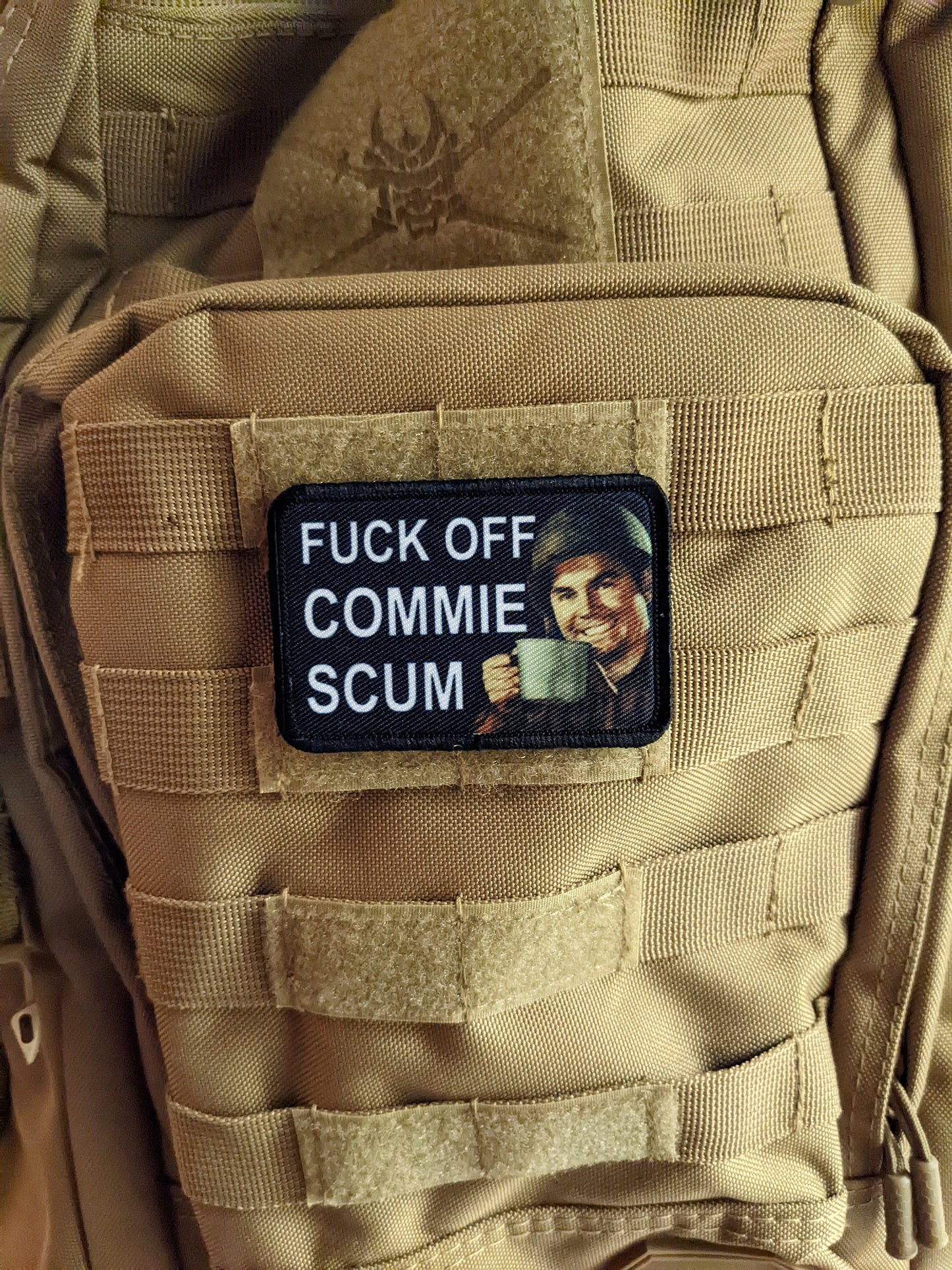 Fuck off commie scum anti-communist support meme 2"x3" morale patch with hook and loop backing