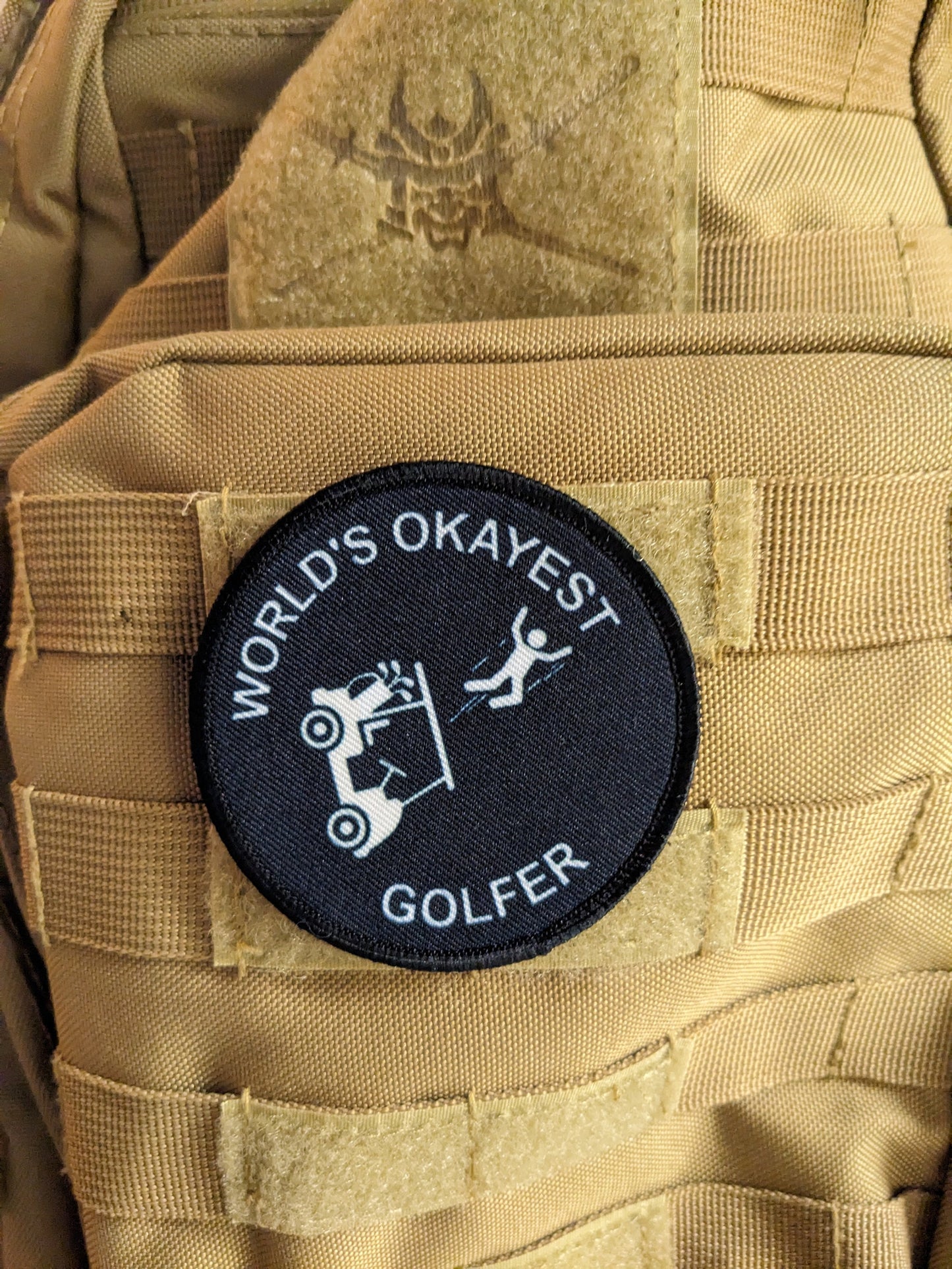 World's okayest golfer golf cart crash meme 3" circle morale patch with hook and loop backing