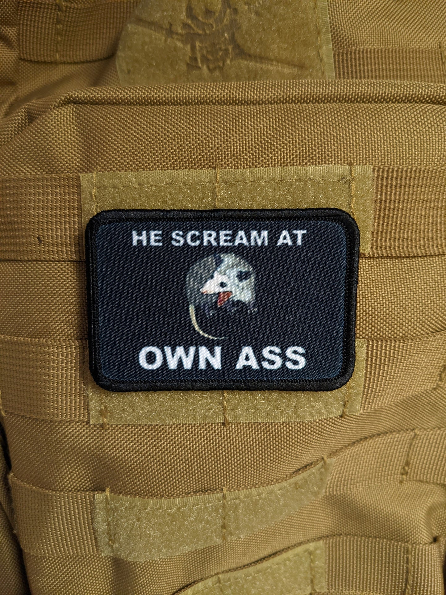 He scream at own ass possom meme 2"x3" morale patch with hook and loop backing