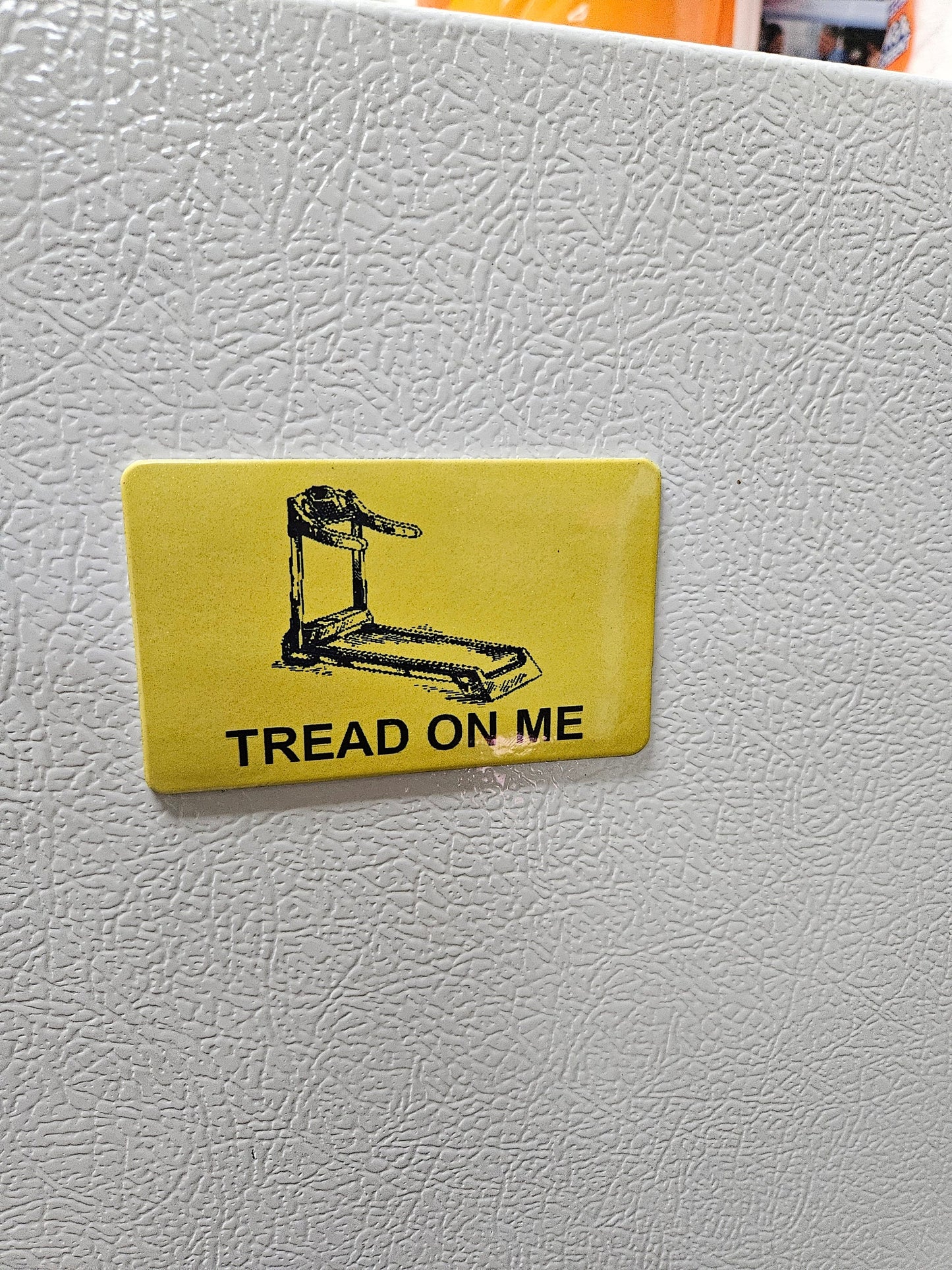 Funny tread on me treadmill Gadsden flag parody fridge magnet x3.   2x3.5" dimensions