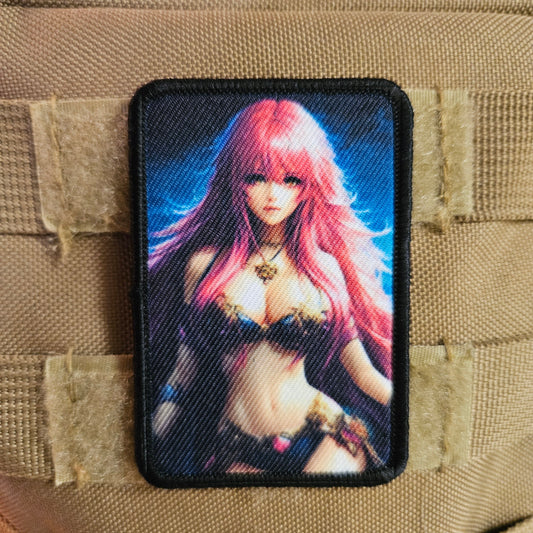 Pink hair waifu Sexy Anime girl cleavage bikini 2"x3"  removable morale patch with hook and loop backing