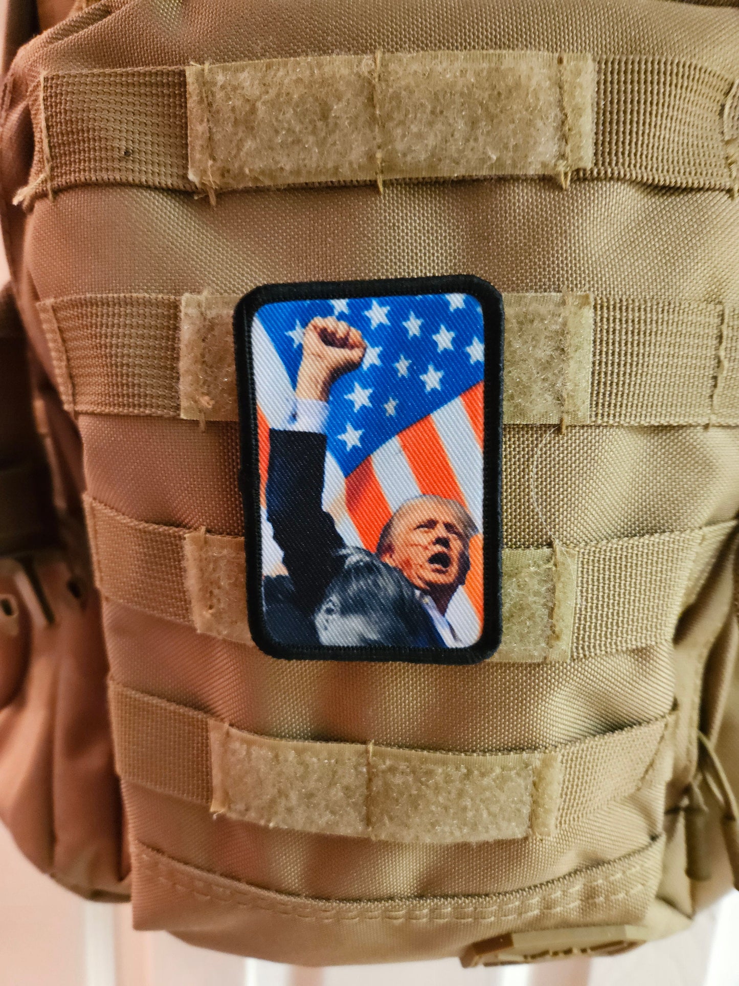 Flag background donald fist in the air  2"x3" morale patch with hook and loop backing military joke meme