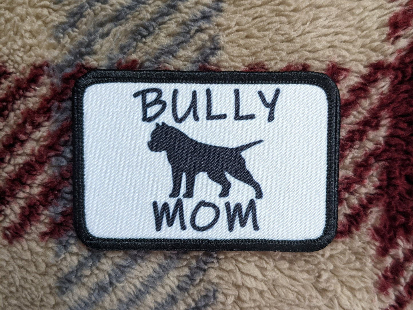 pit bull bully mom 2"x3" white morale patch with hook and loop backing