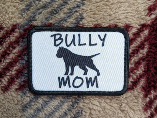pit bull bully mom 2"x3" white morale patch with hook and loop backing