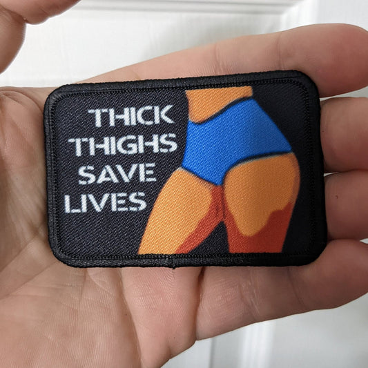 Thick thighs save lives fitness legs meme 2"x3" removable morale patch with hook and loop backing death by snu snu