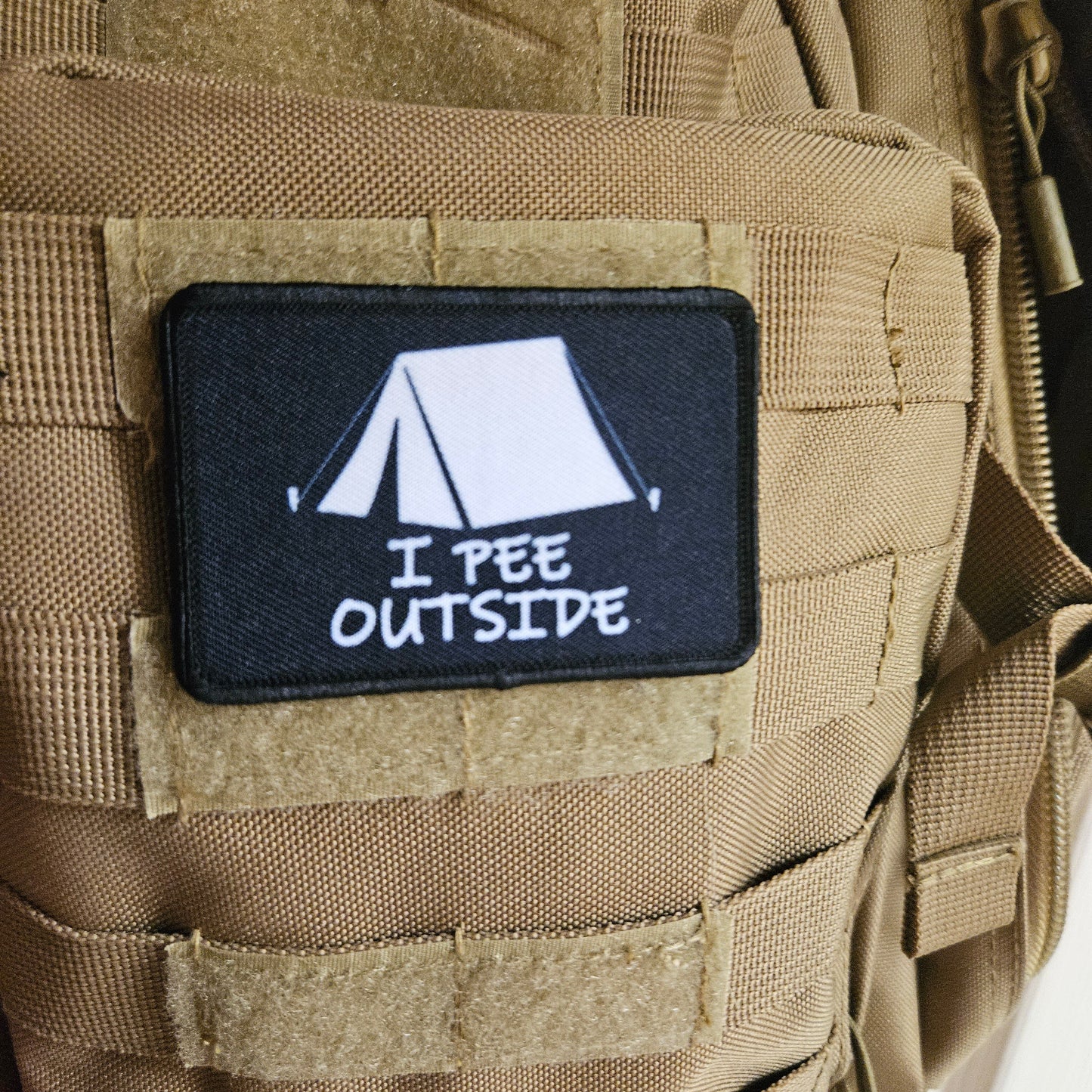 I pee outside camping life meme  2"x3" removable morale patch with hook and loop backing